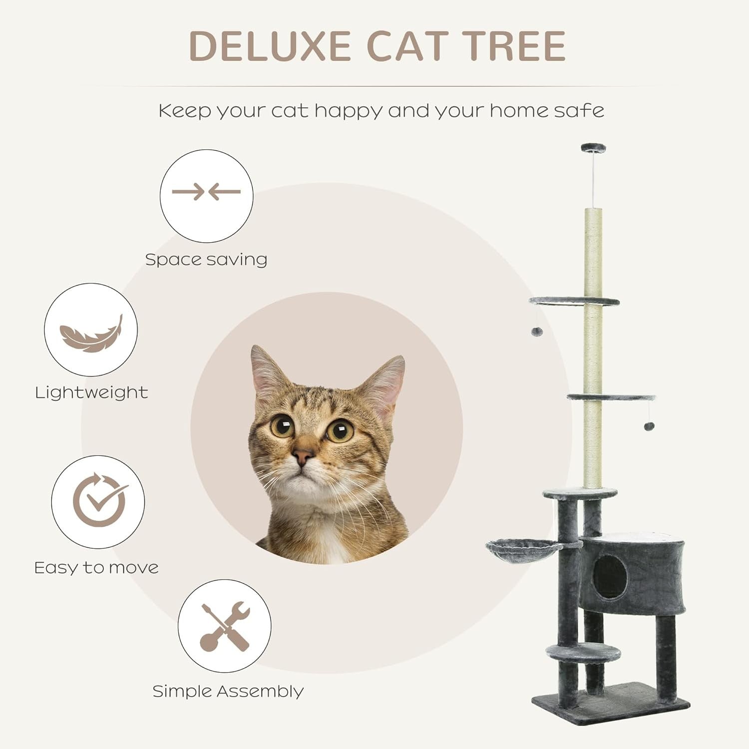 Tall Cat Tree Tower Adjustable 220–265cm 5 Tier Sisal Scratching Post