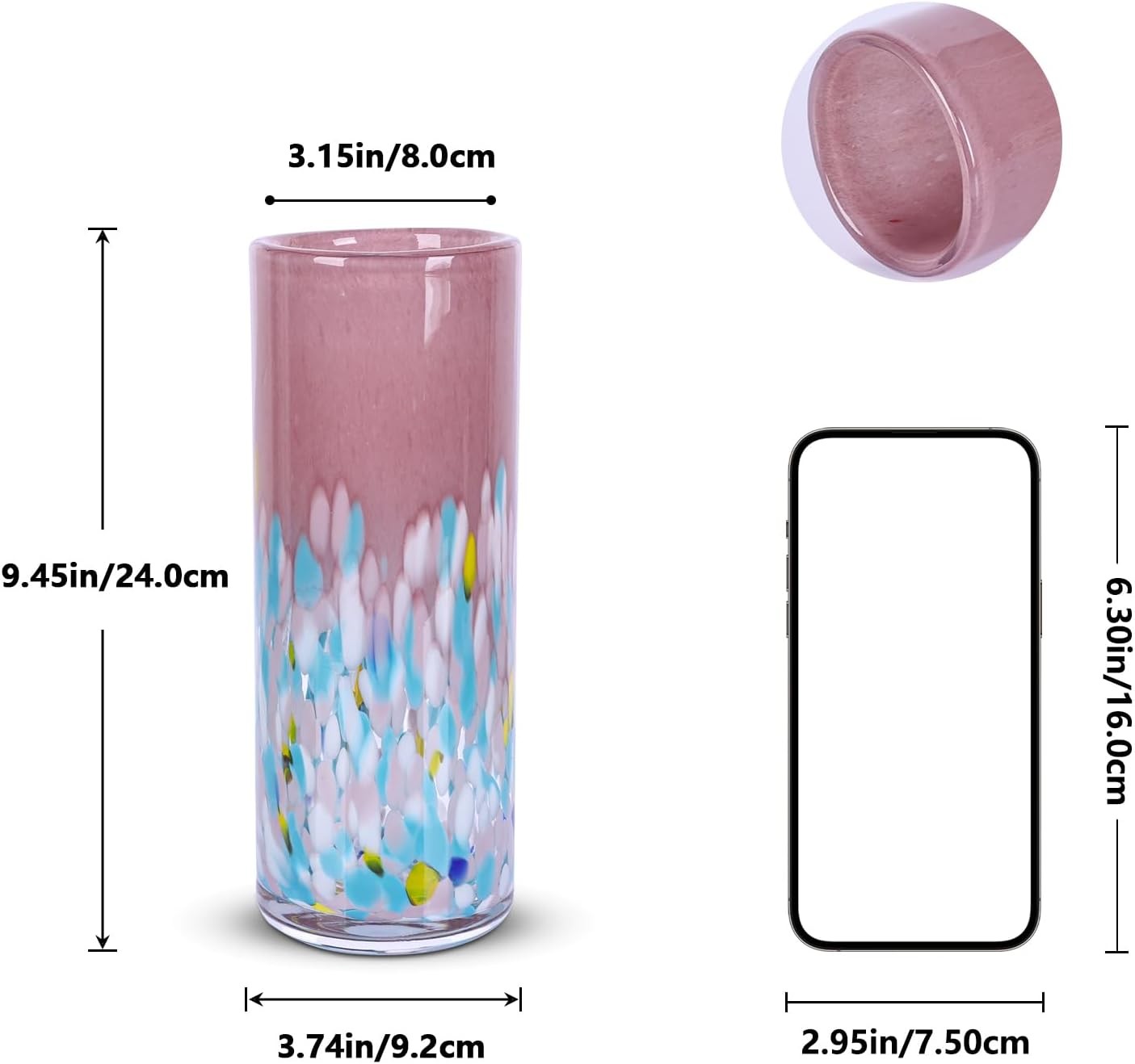 Hand Blown Pink Glass Vase 24cm Tall Modern Flower Centerpiece Decor