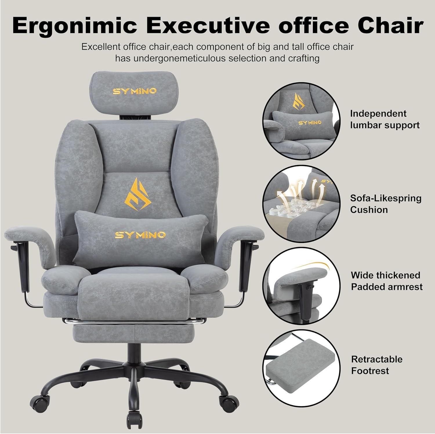 Gaming Chair with Footrest Ergonomic PU Leather Recliner Grey