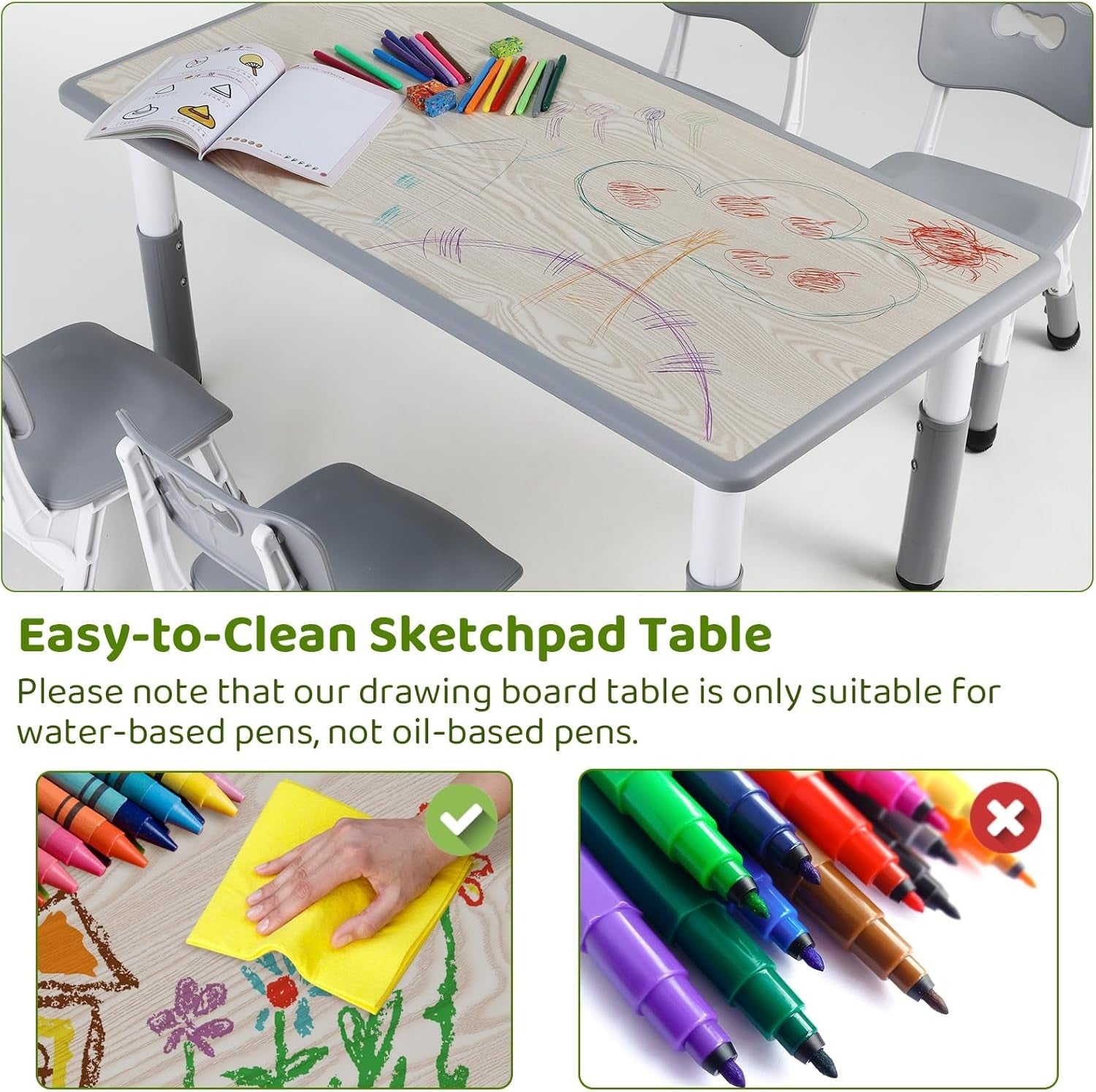 Adjustable Kids Table & 4 Chairs Set Durable Plastic Furniture Grey