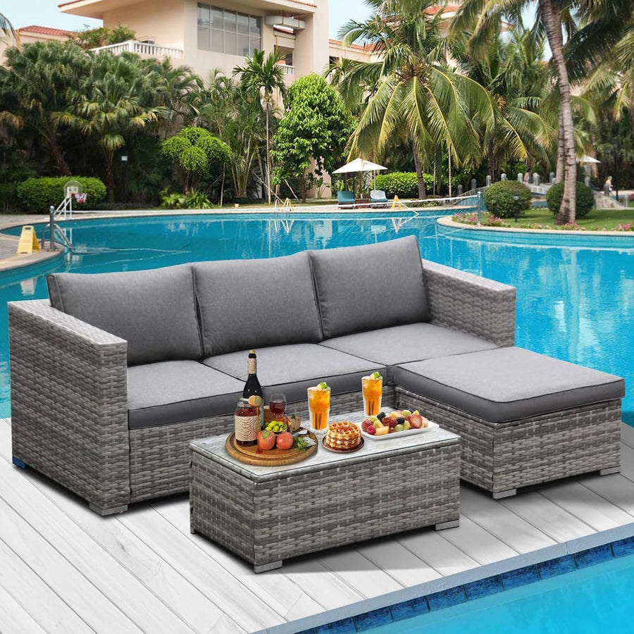 Rattan Garden Sofa Set 3PC Outdoor Patio Furniture w/ Cushions & Table