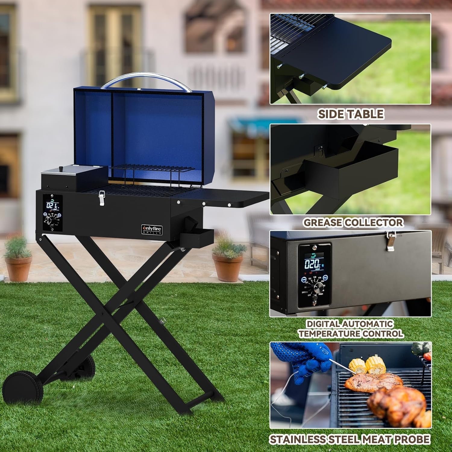 Portable Pellet Smoker BBQ Grill with Foldable Stand & Side Table