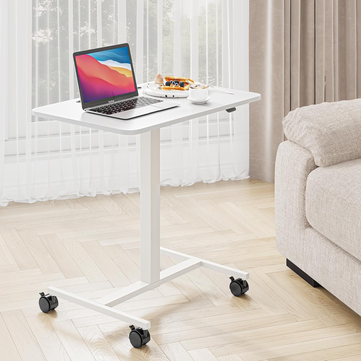 Mobile Standing Desk Height Adjustable Rolling Laptop Table Sit Stand White