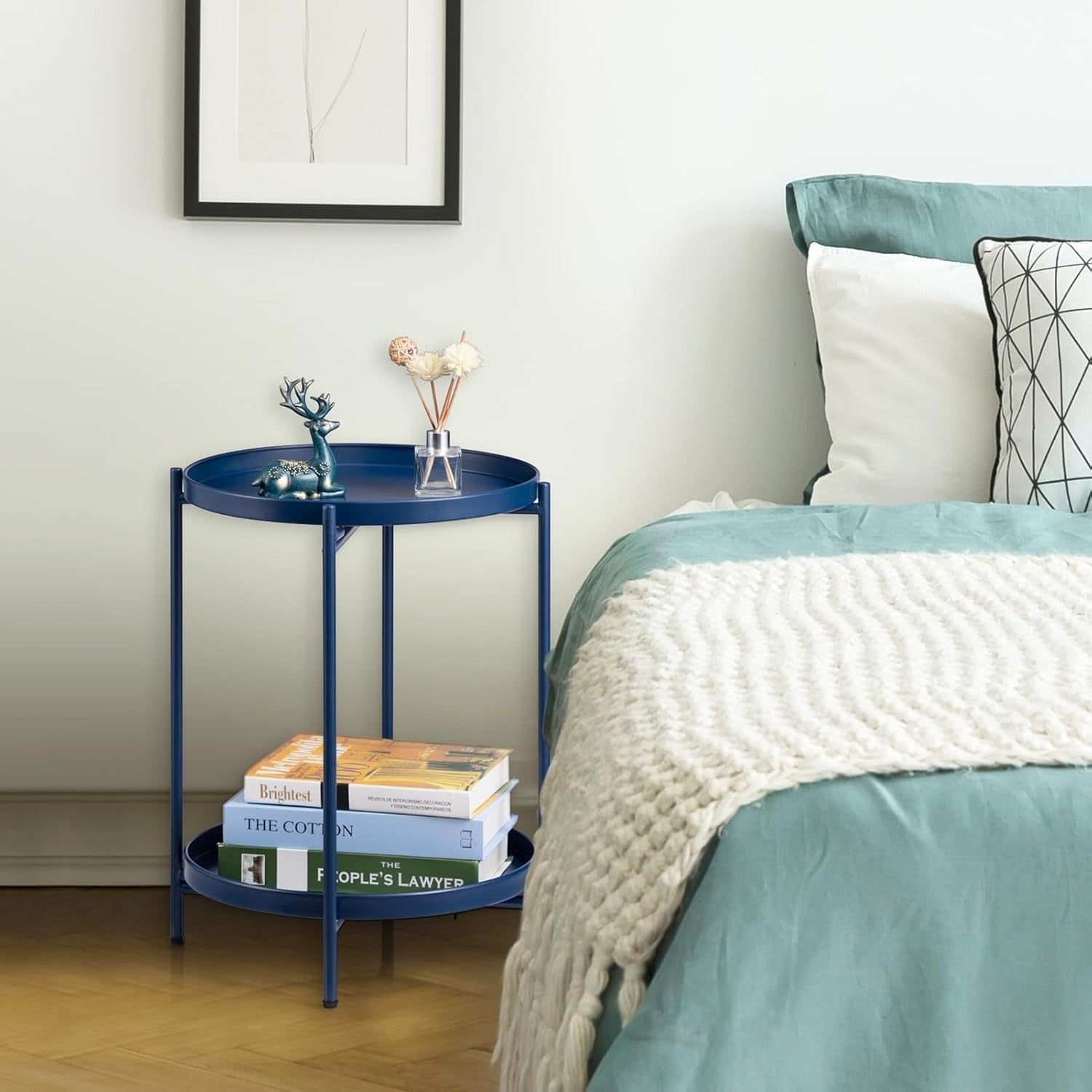 Small Round Metal Side Table 2-Tier Removable Tray Coffee Table Dark Blue