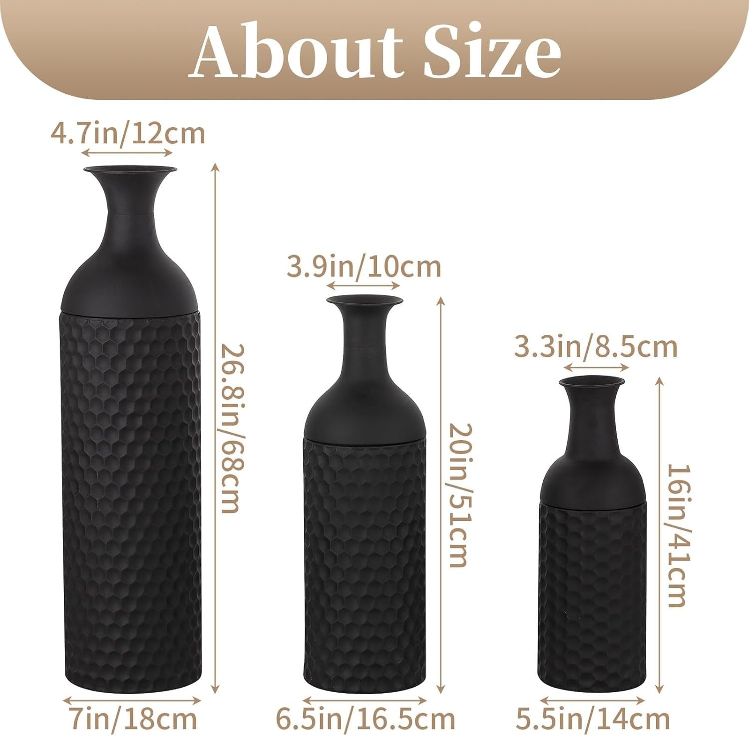 Large Black Floor Vase Set Tall Metal Standing Vases Modern Home Decor