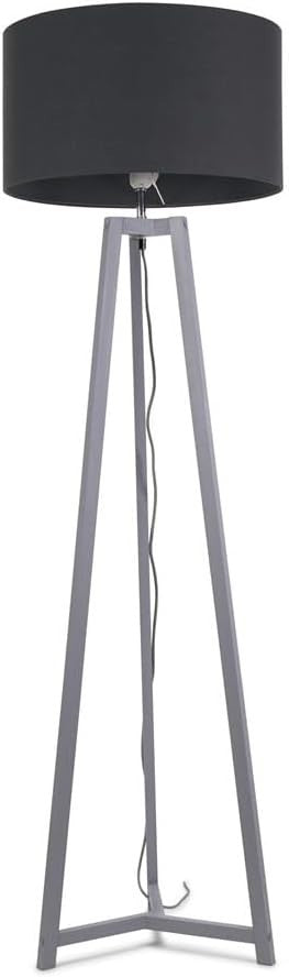 Grey Wooden Tripod Floor Lamp Charcoal Fabric Drum Shade LED Light