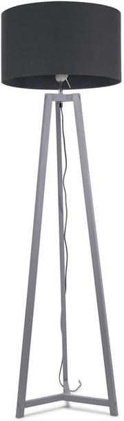 Grey Wooden Tripod Floor Lamp Charcoal Fabric Drum Shade LED Light