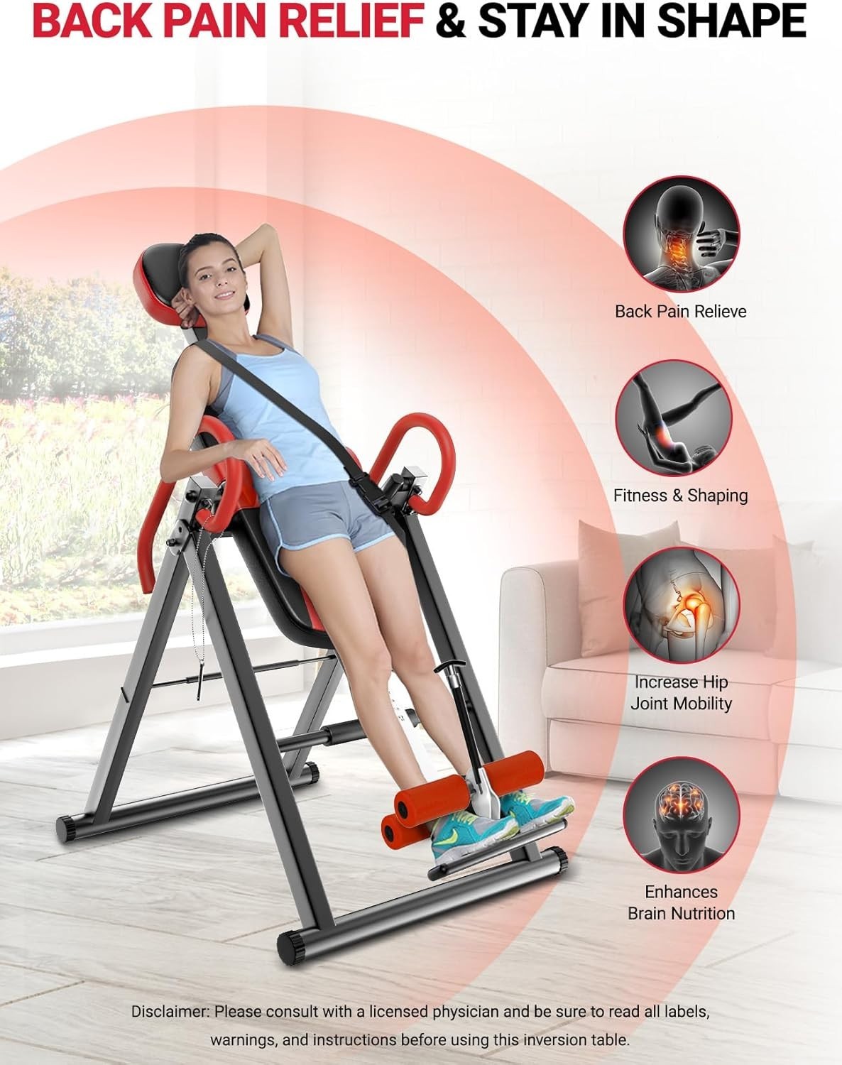 Red Gravity Inversion Table Heavy Duty Back Stretcher for Pain Relief