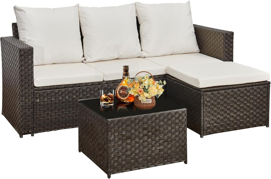 3PC Rattan Garden Corner Sofa Set Outdoor Patio Furniture w/ Table