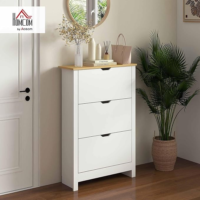White 3 Drawer Shoe Cabinet with Flip Doors, Adjustable Shelves Hallway Storage