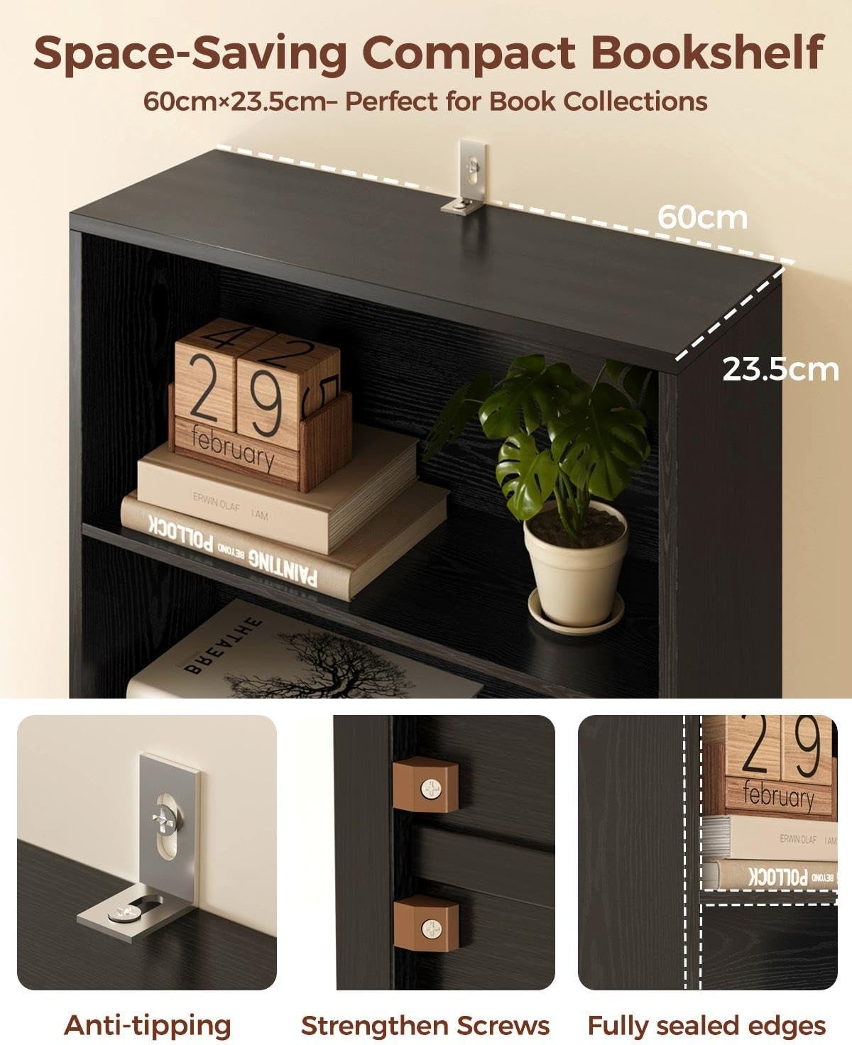 6 Tier Tall Black Bookcase with Doors Storage Display Shelf 60x23.5x180cm