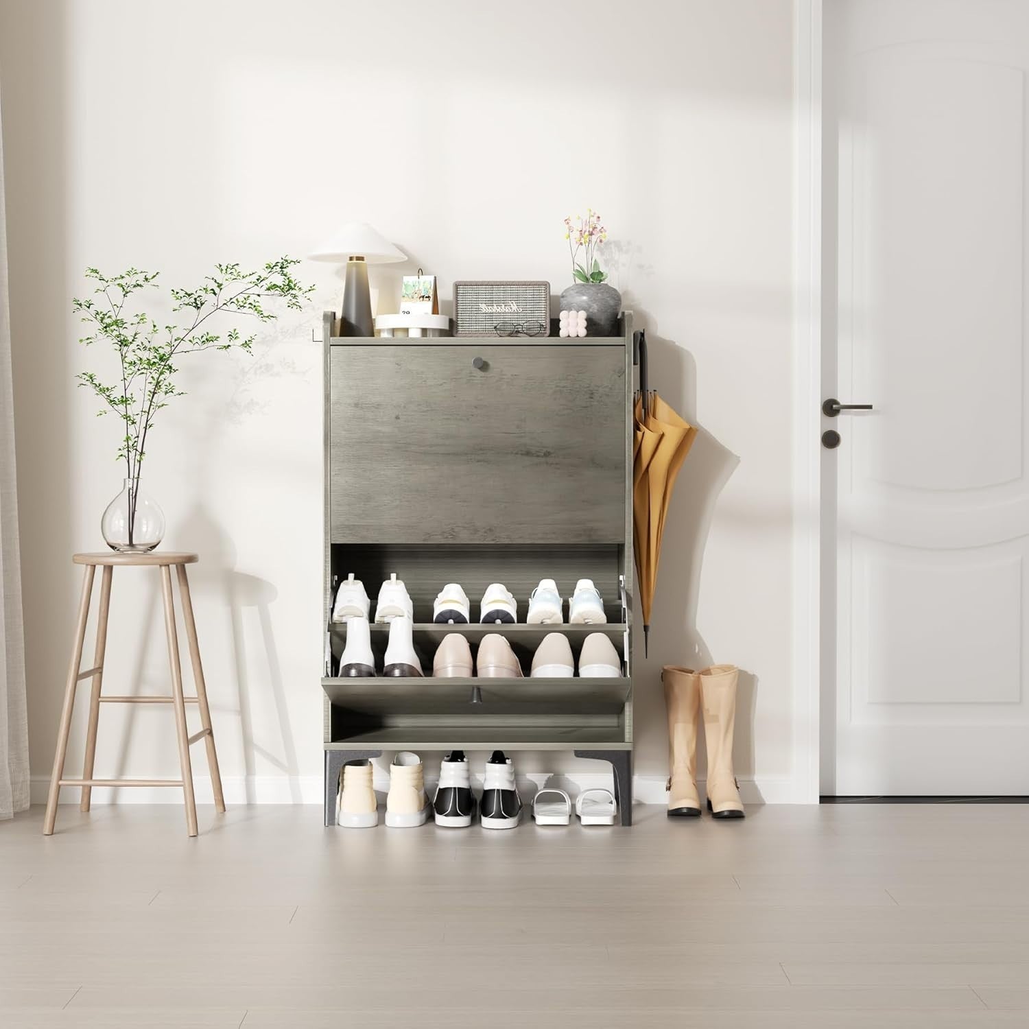 Shoe Cabinet 2 Flip Drawers Adjustable Dividers Compact Hallway Storage Grey