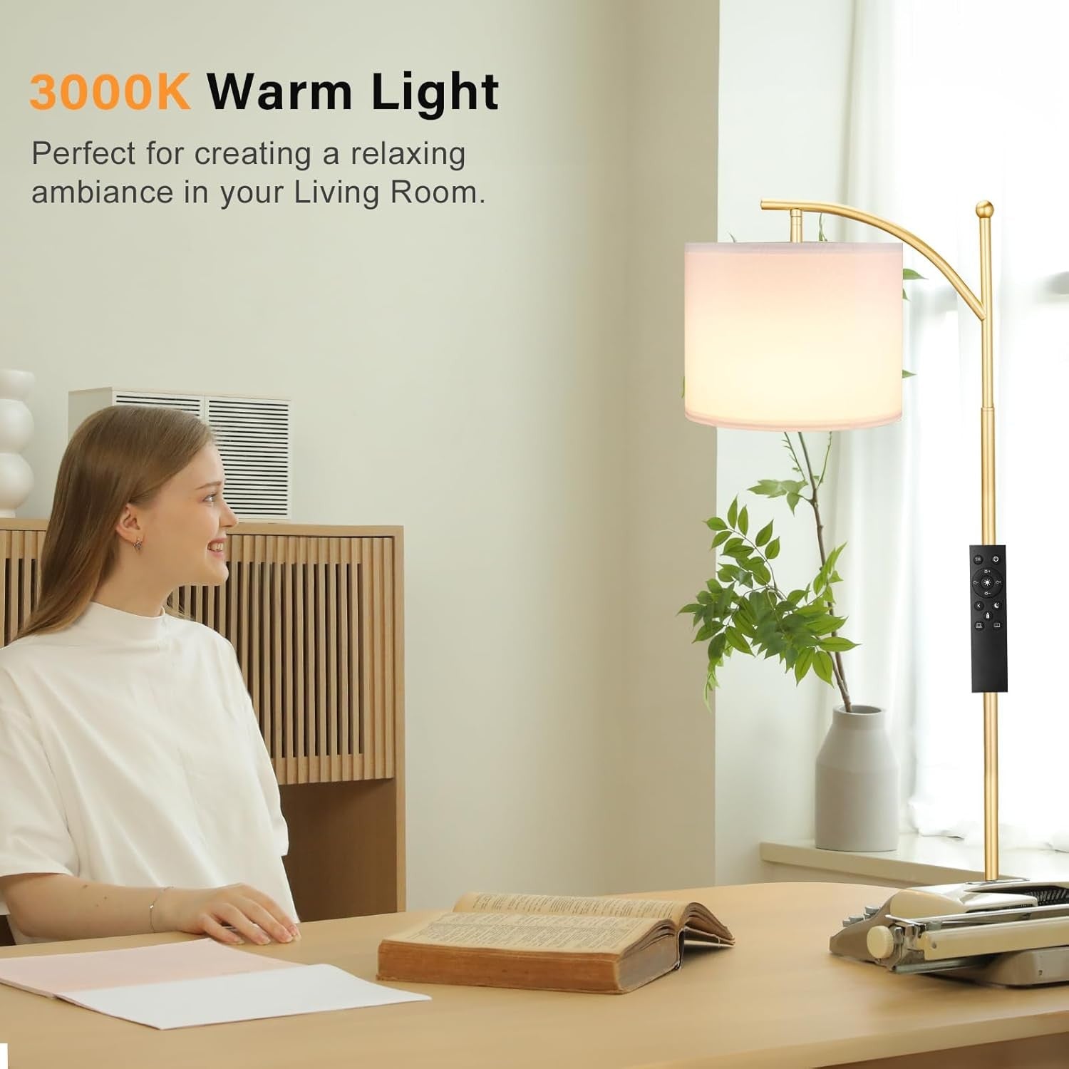 Gold Arc Floor Lamp Dimmable LED Remote Control Modern Standing Light