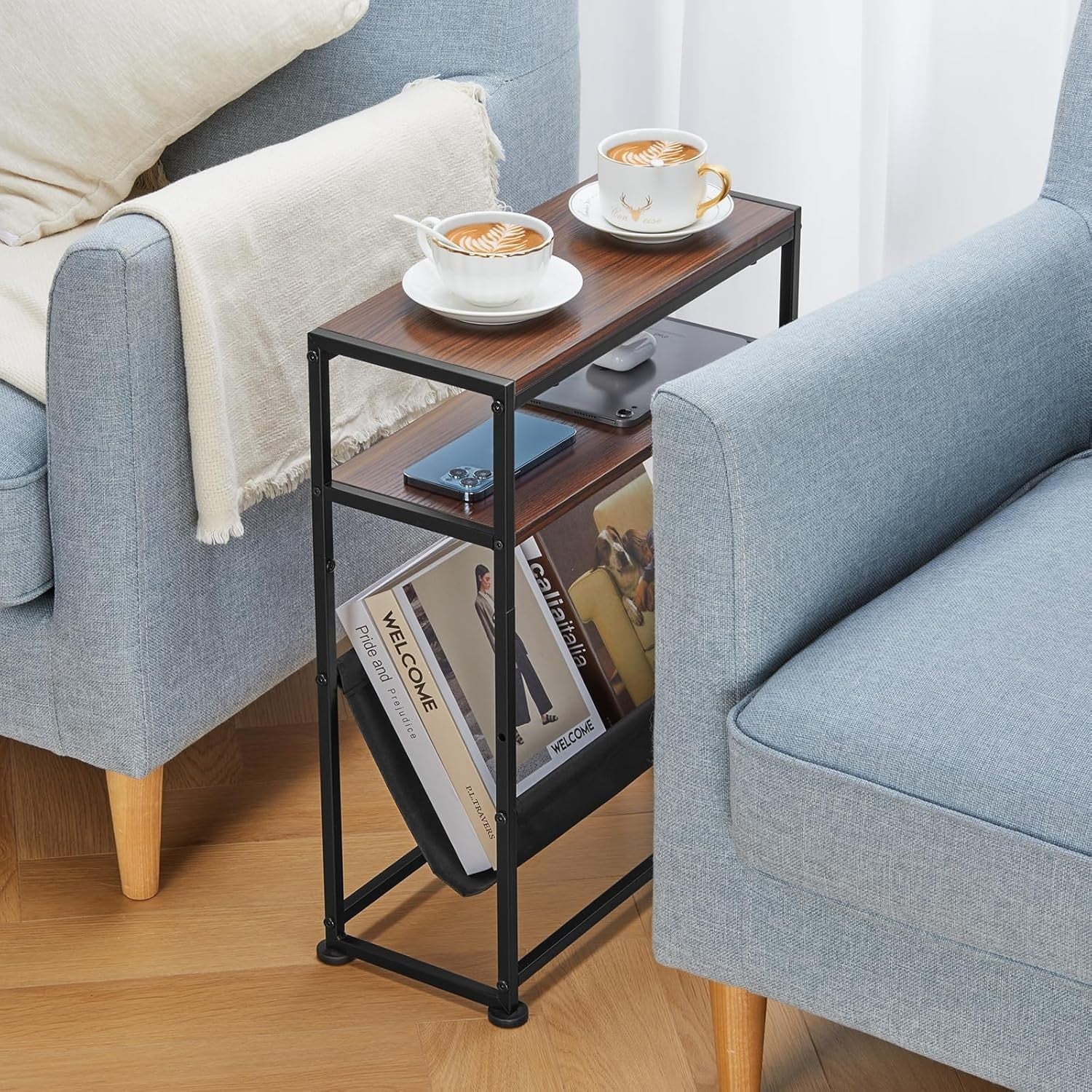 Slim Side Table for Small Spaces – Narrow End Table with Storage & Magazine Rack