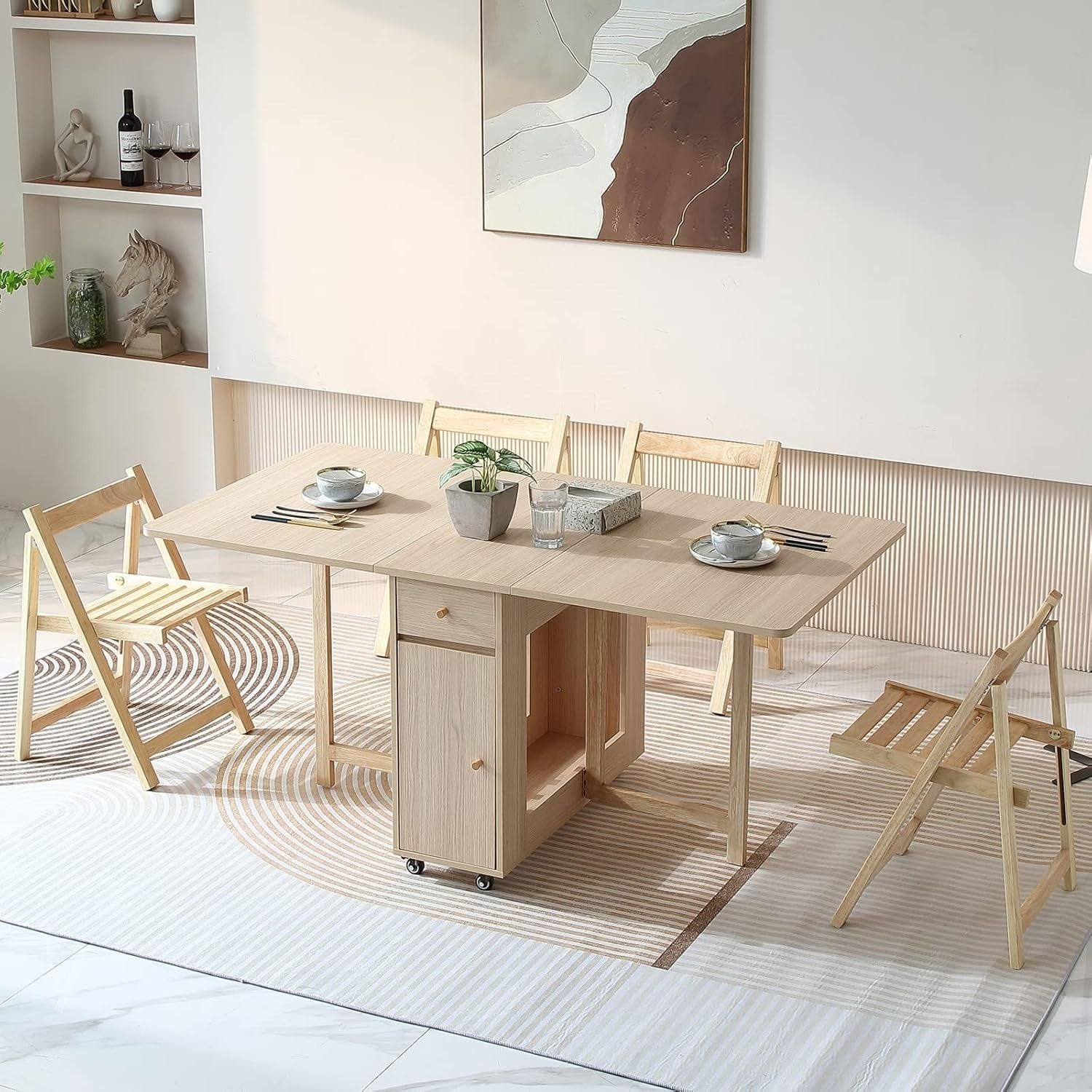 Extendable Folding Dining Table with Drawers & Wheels for Small Spaces