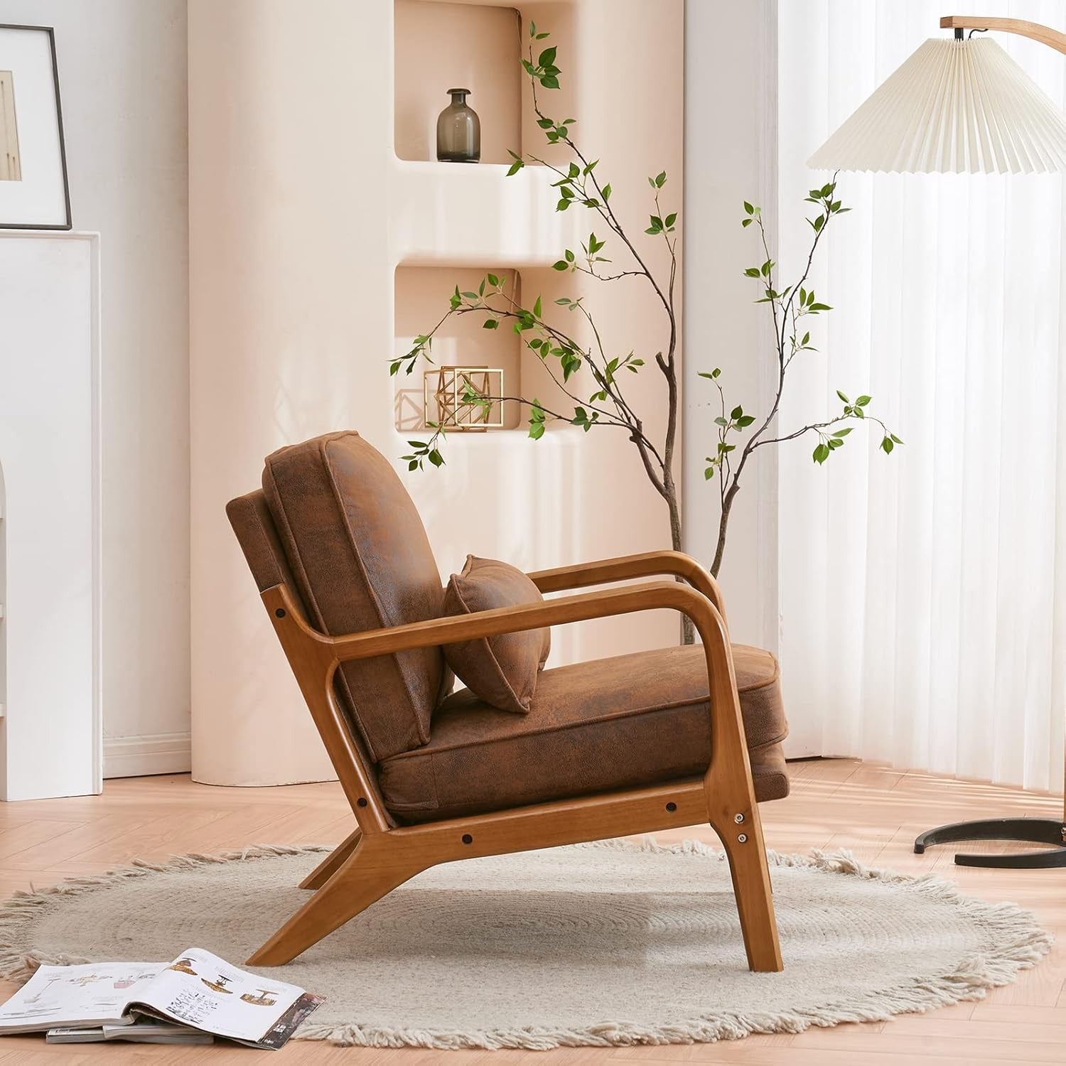 Brown Leather Accent Armchair Solid Wood Lounge Wide Arm Chair