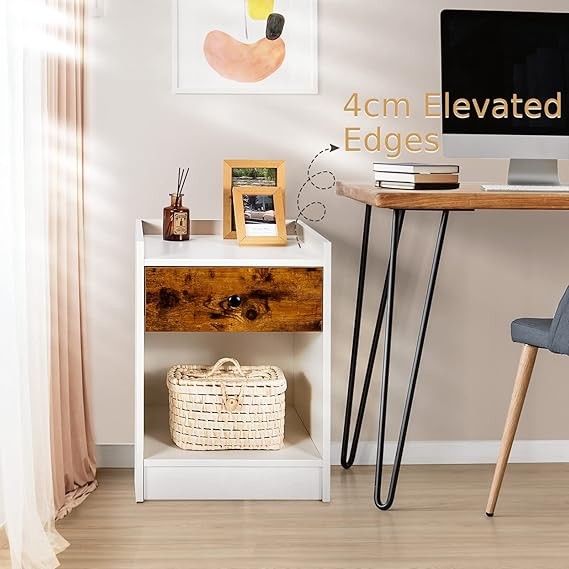 Modern White Bedside Tables Set of 2 with Drawer & Open Shelf 43x40x60cm