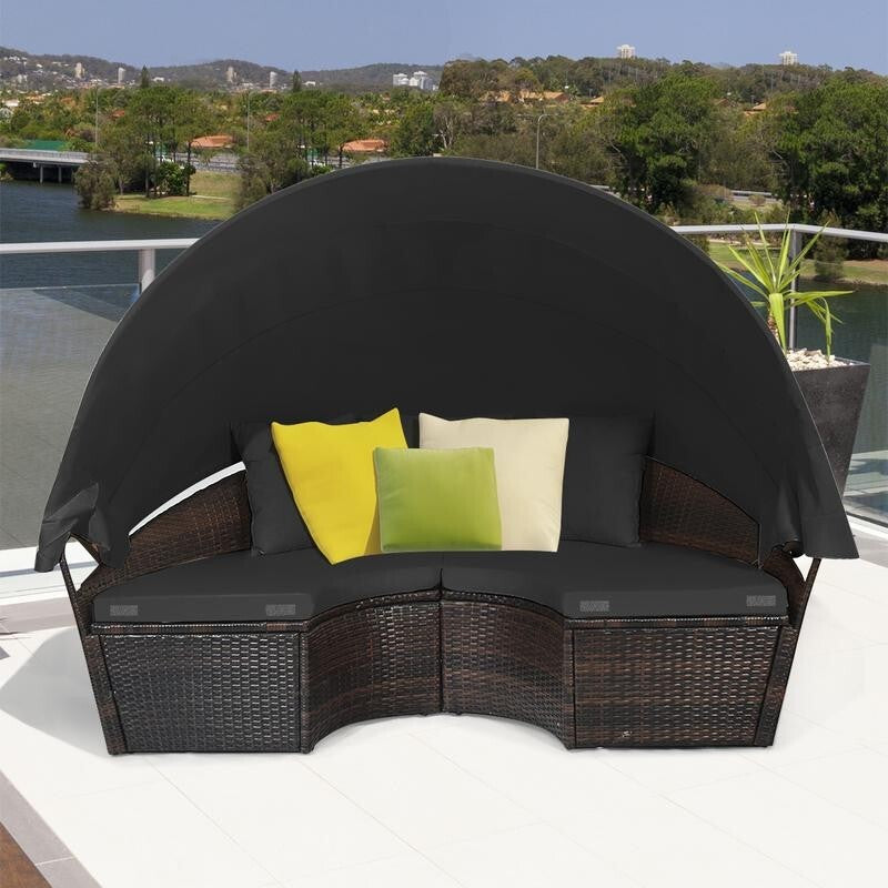 Round Rattan Outdoor Daybed with Retractable Canopy & Cushions Garden Set