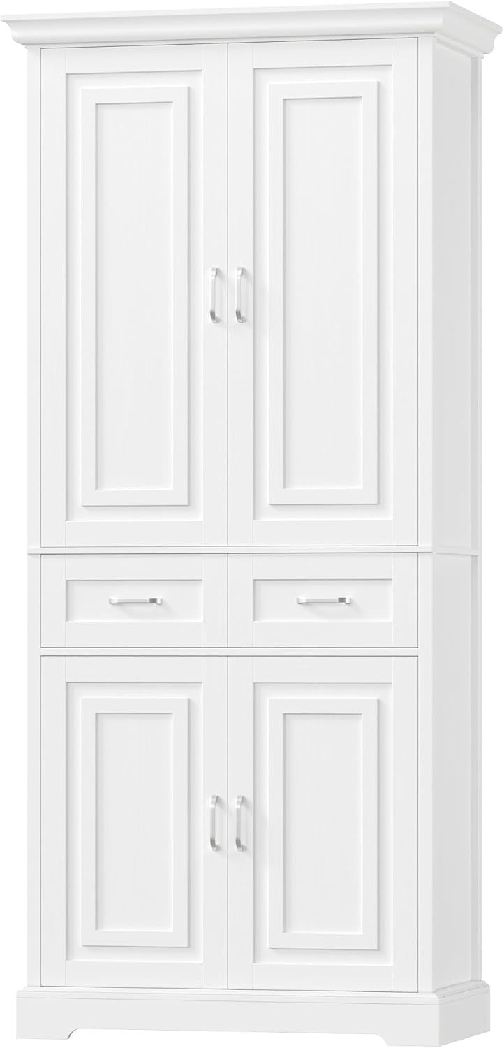 180.5cm Tall Kitchen Cupboard White 4 Doors 2 Drawers Adjustable Shelves