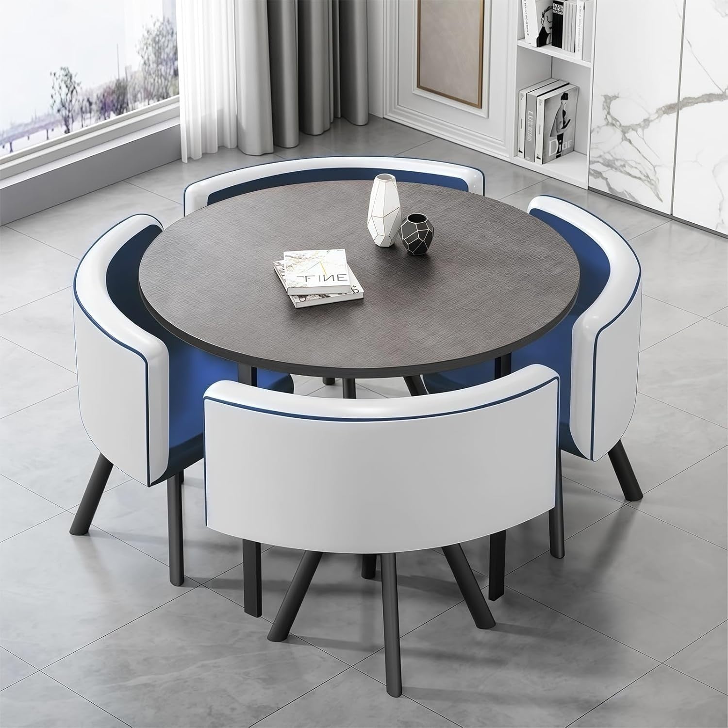Modern Grey 35.4" Dining Table Set w/ 4 Blue Chairs – Space-Saving Faux Marble