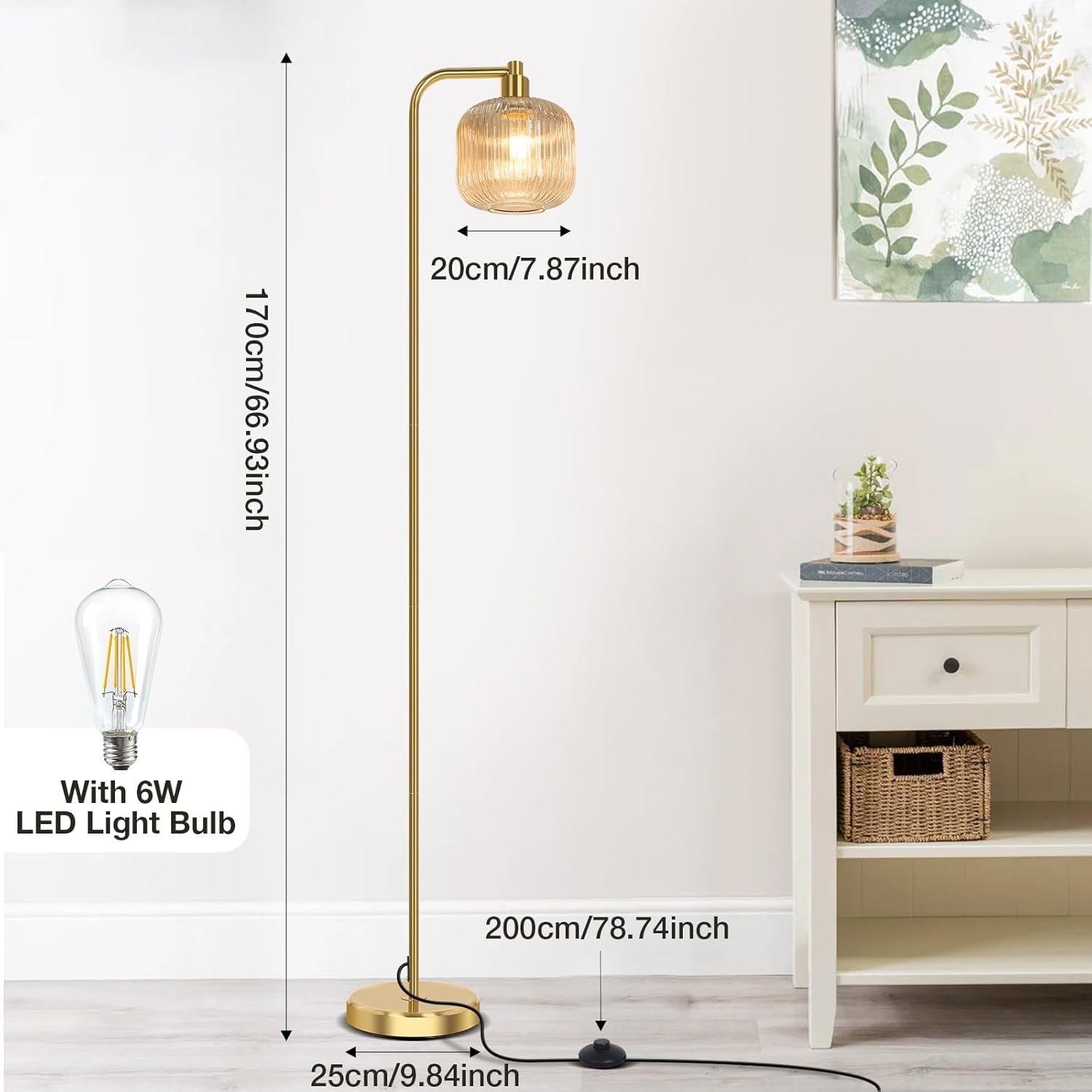 Modern Floor Lamp Tall Standing Light Pedal Switch Glass Shade Living Room