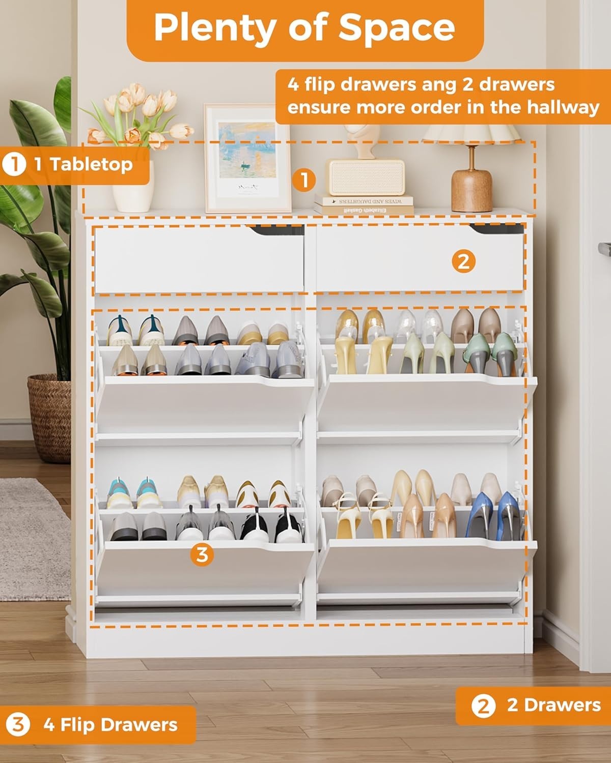 Modern Slim Shoe Cabinet with 4 Flip Drawers & 2 Storage Drawers – White