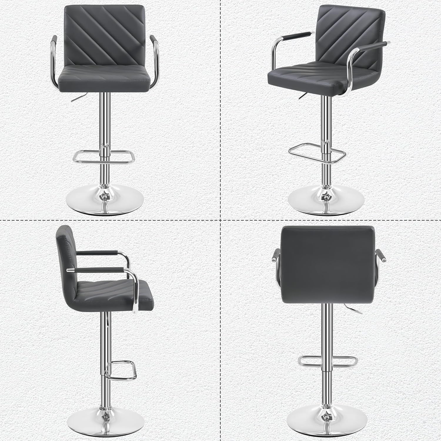 Dark Grey Adjustable Swivel Bar Stools Set of 2 Faux Leather Armchairs