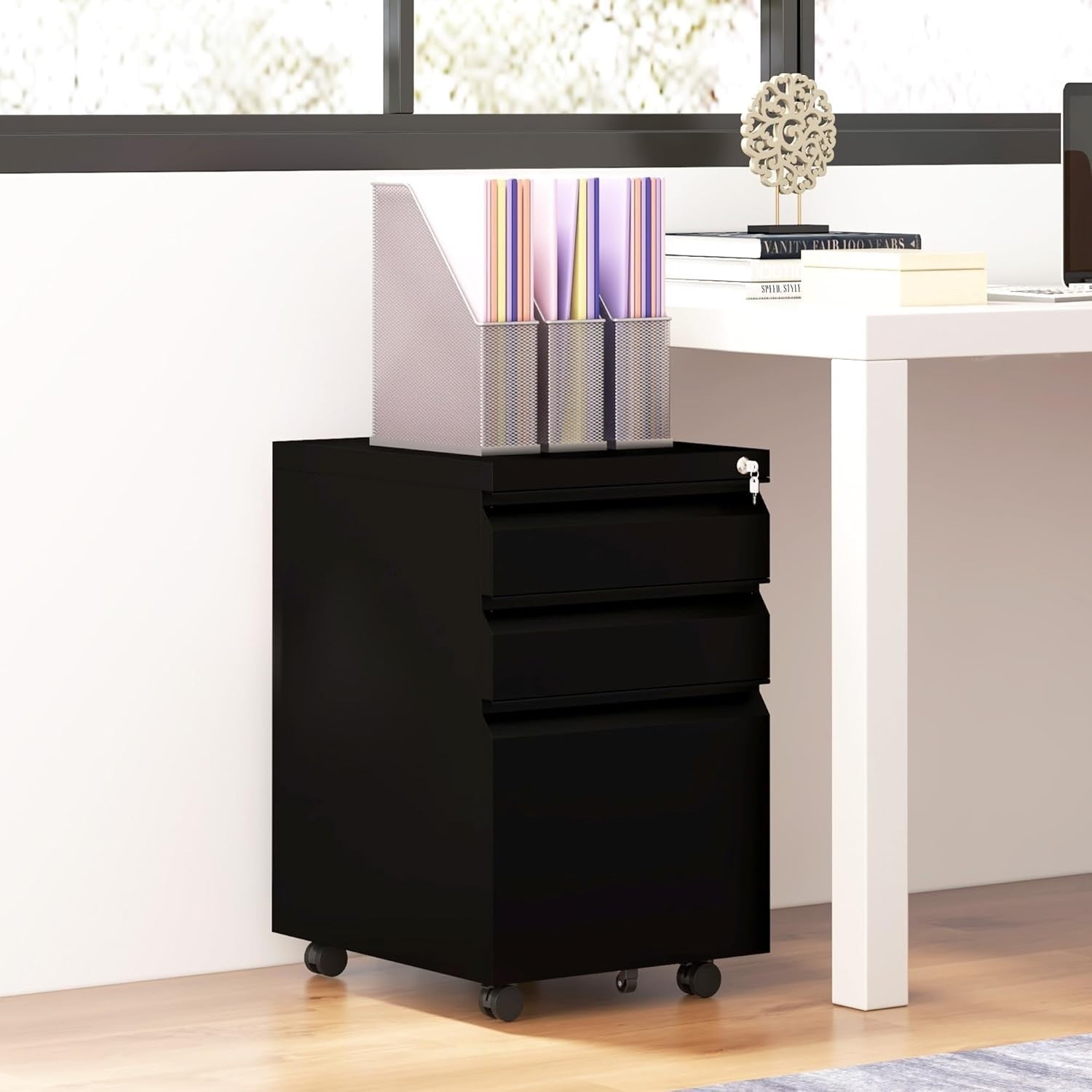 Black 3 Drawer Mobile Filing Cabinet Lockable Steel Office Storage with Wheels