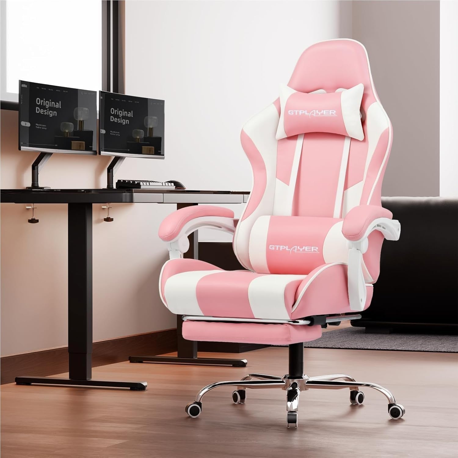Ergonomic Gaming Chair Massage Lumbar Footrest Pink Recliner