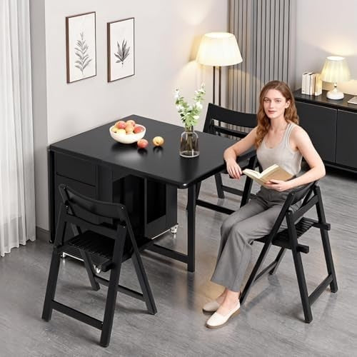 Folding Dining Table Set with Storage Drawers & 6 Chairs Black Wood