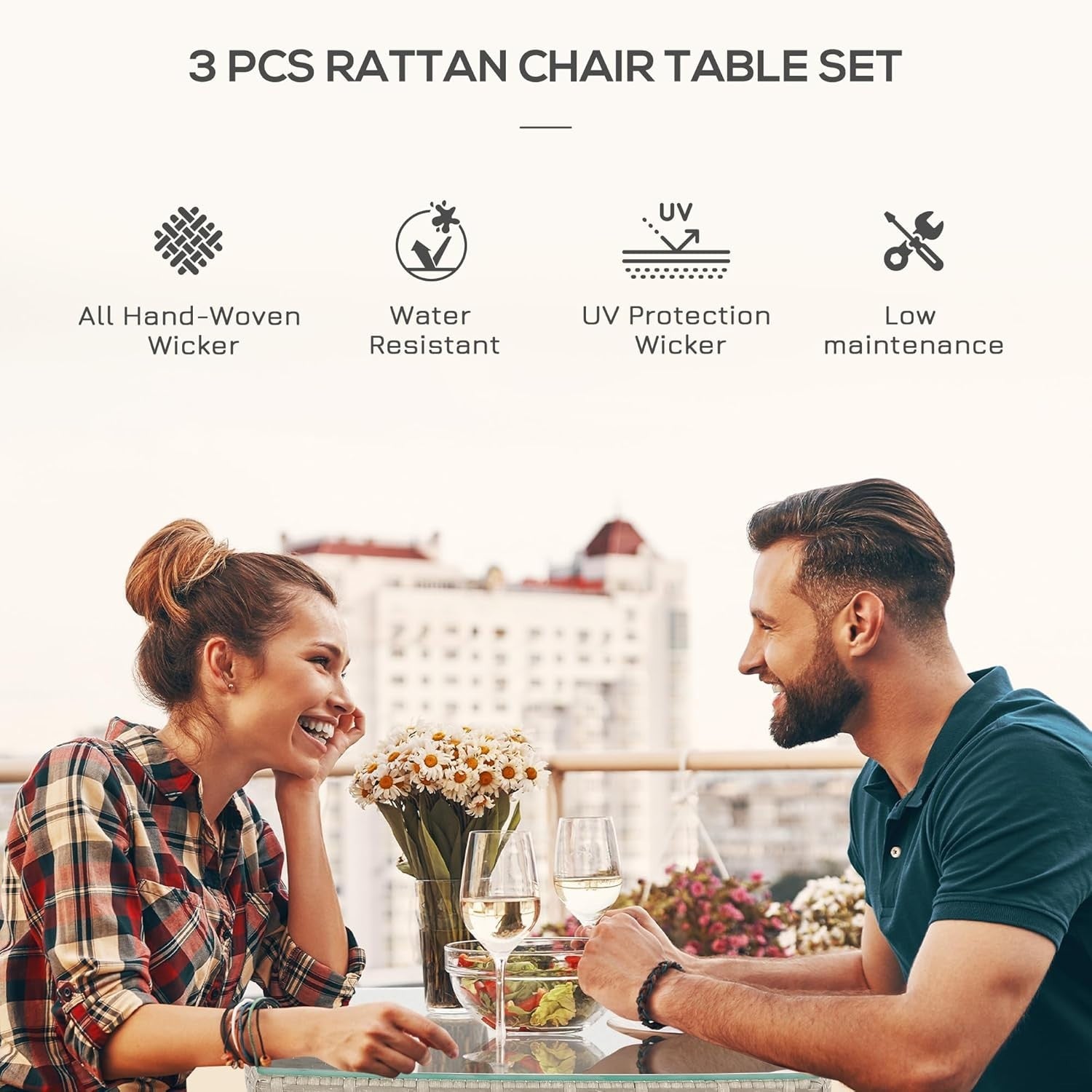 3 Piece Rattan Bistro Set Garden Chairs with Table Cushioned Balcony Set