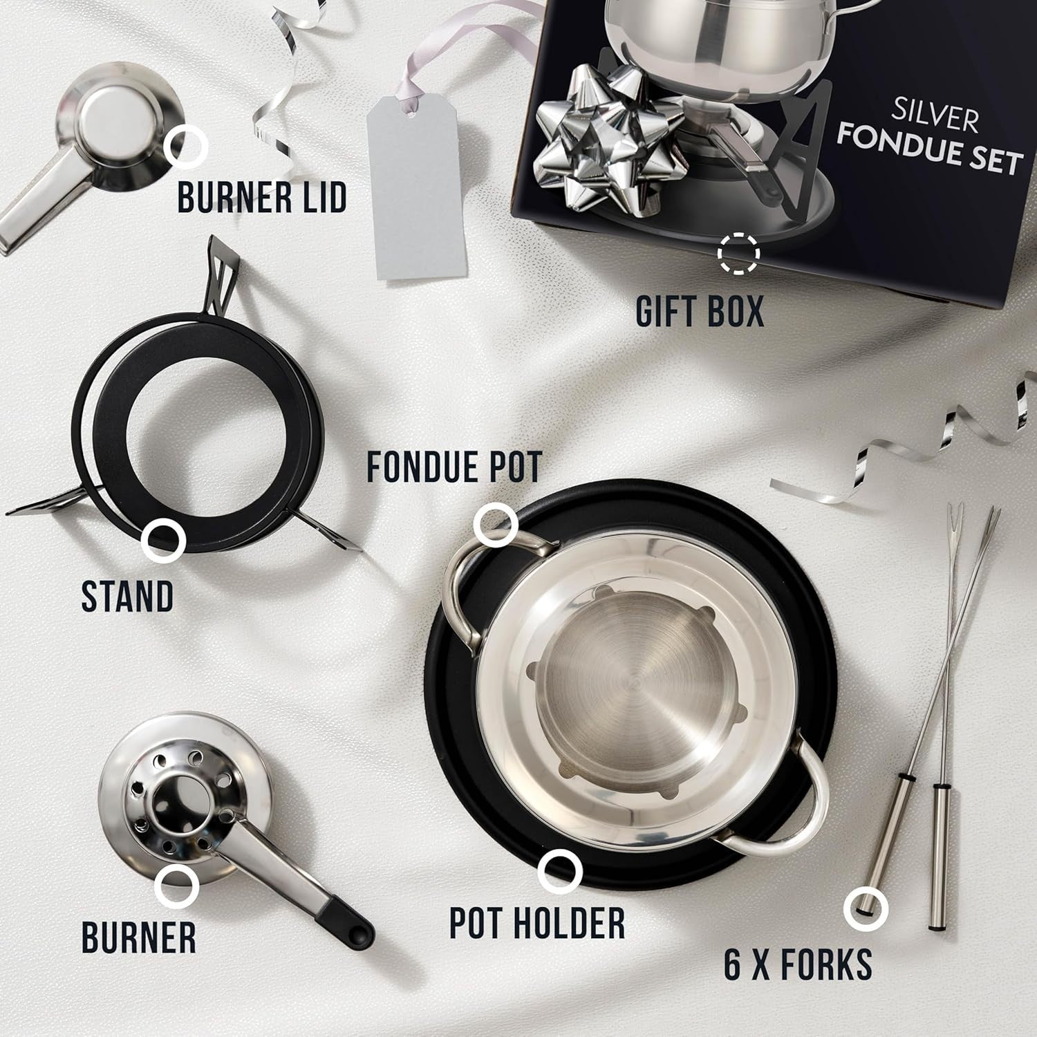 Stainless Steel Fondue Set Cheese Chocolate Pot 6 Fork Silver