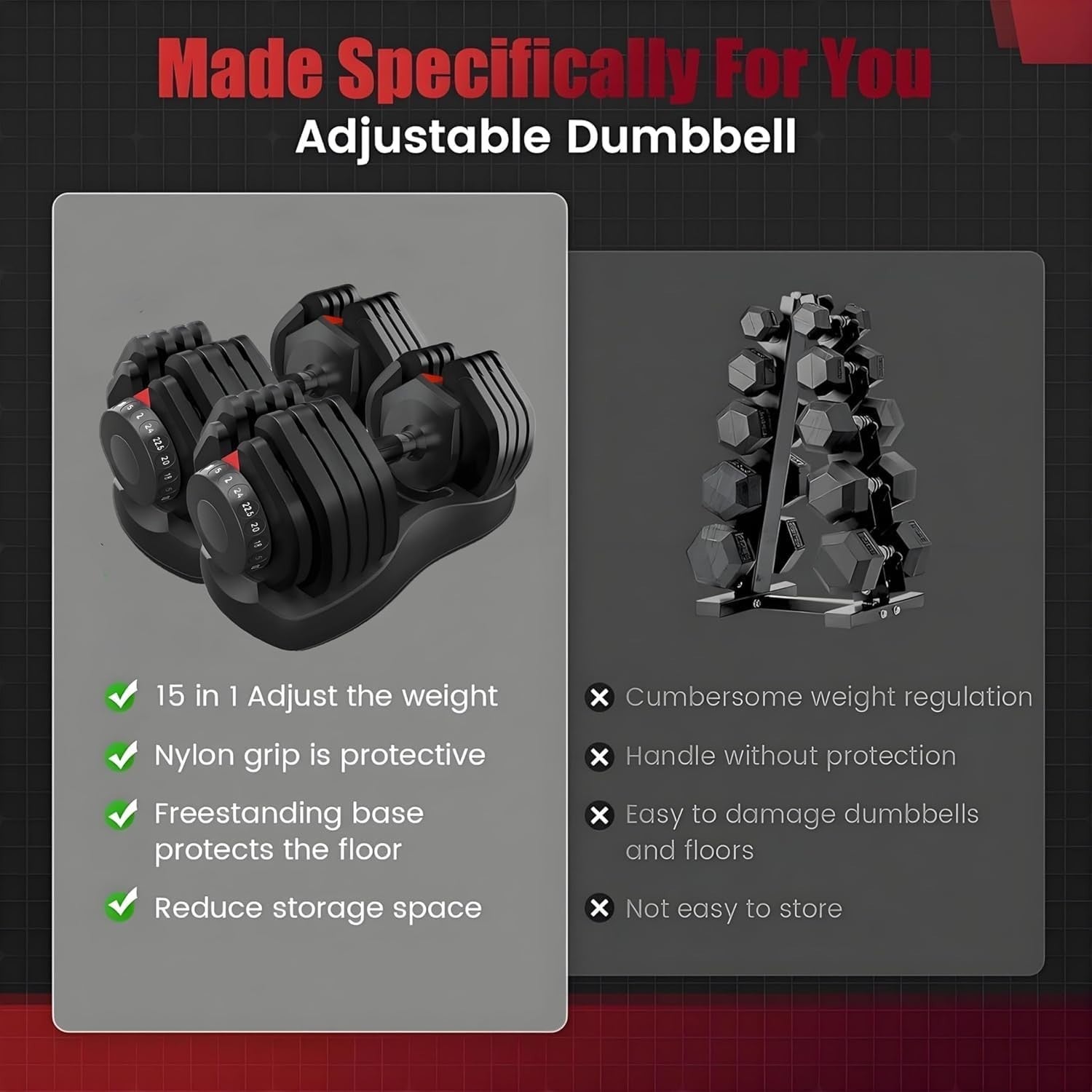 Adjustable Dumbbell Pair 24kg 15-in-1 Fast Dial Home Gym + Grips