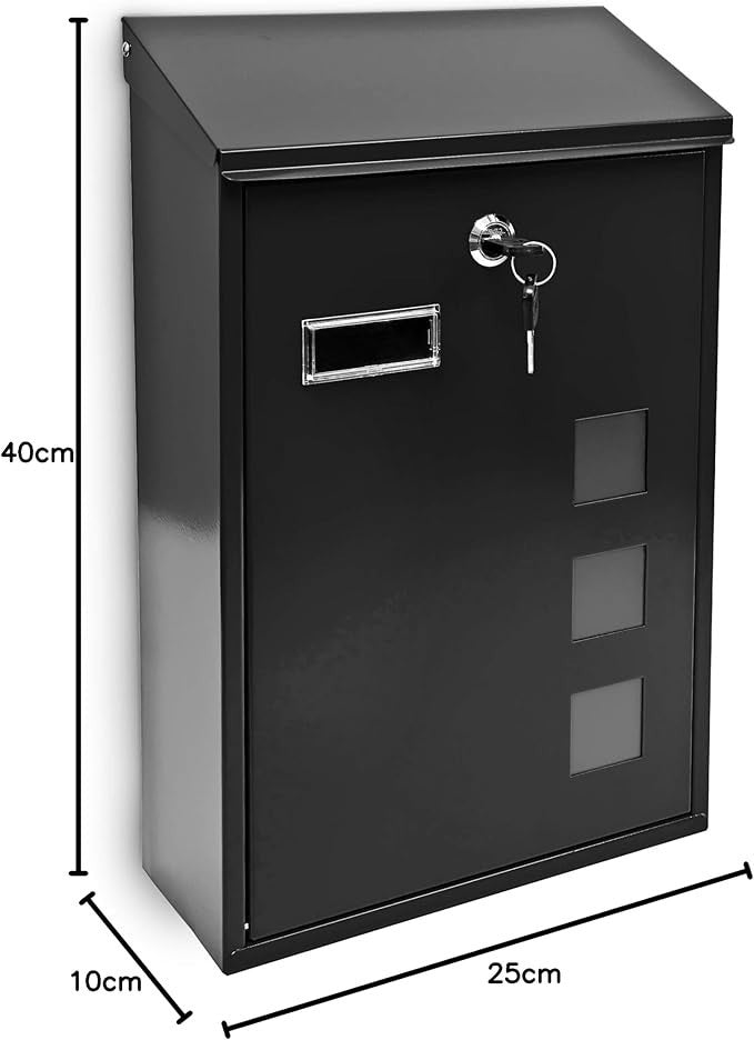 Secure Wall Mounted Mailbox Black Metal Lockable Post Box 25x40cm Modern Design