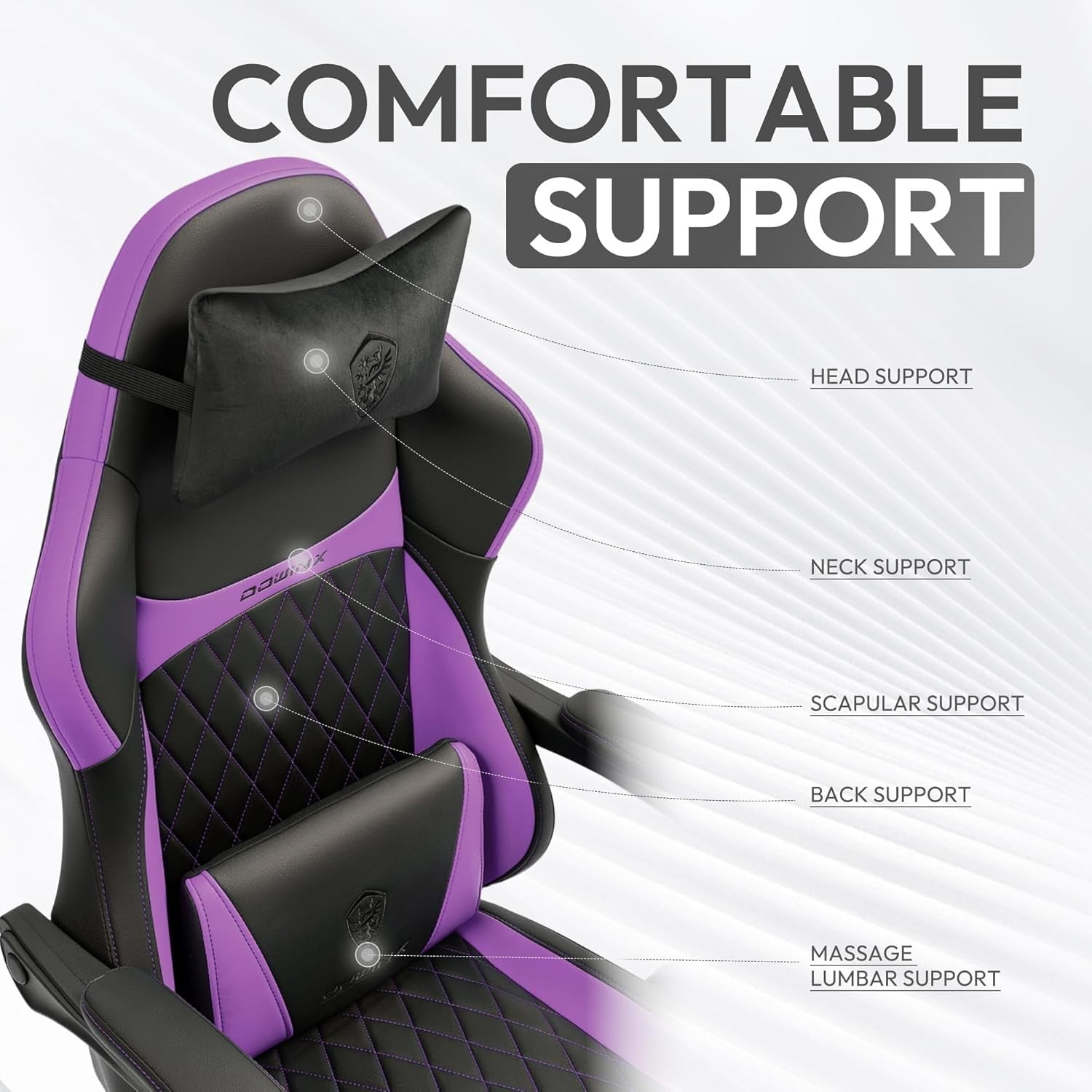 Ergonomic Gaming Chair Recliner w/ Footrest Massage White/Purple