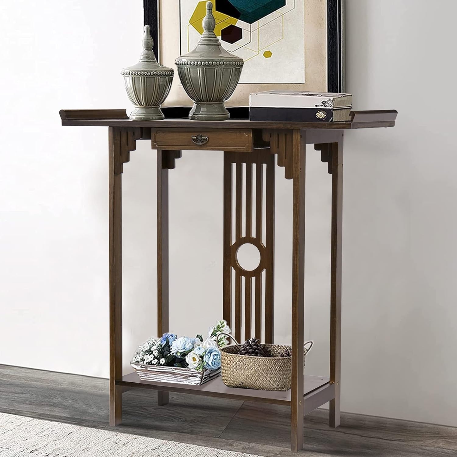 Narrow Entryway Console Table 2 Tier Bamboo Shelf 81.5x31.2x82.8 cm
