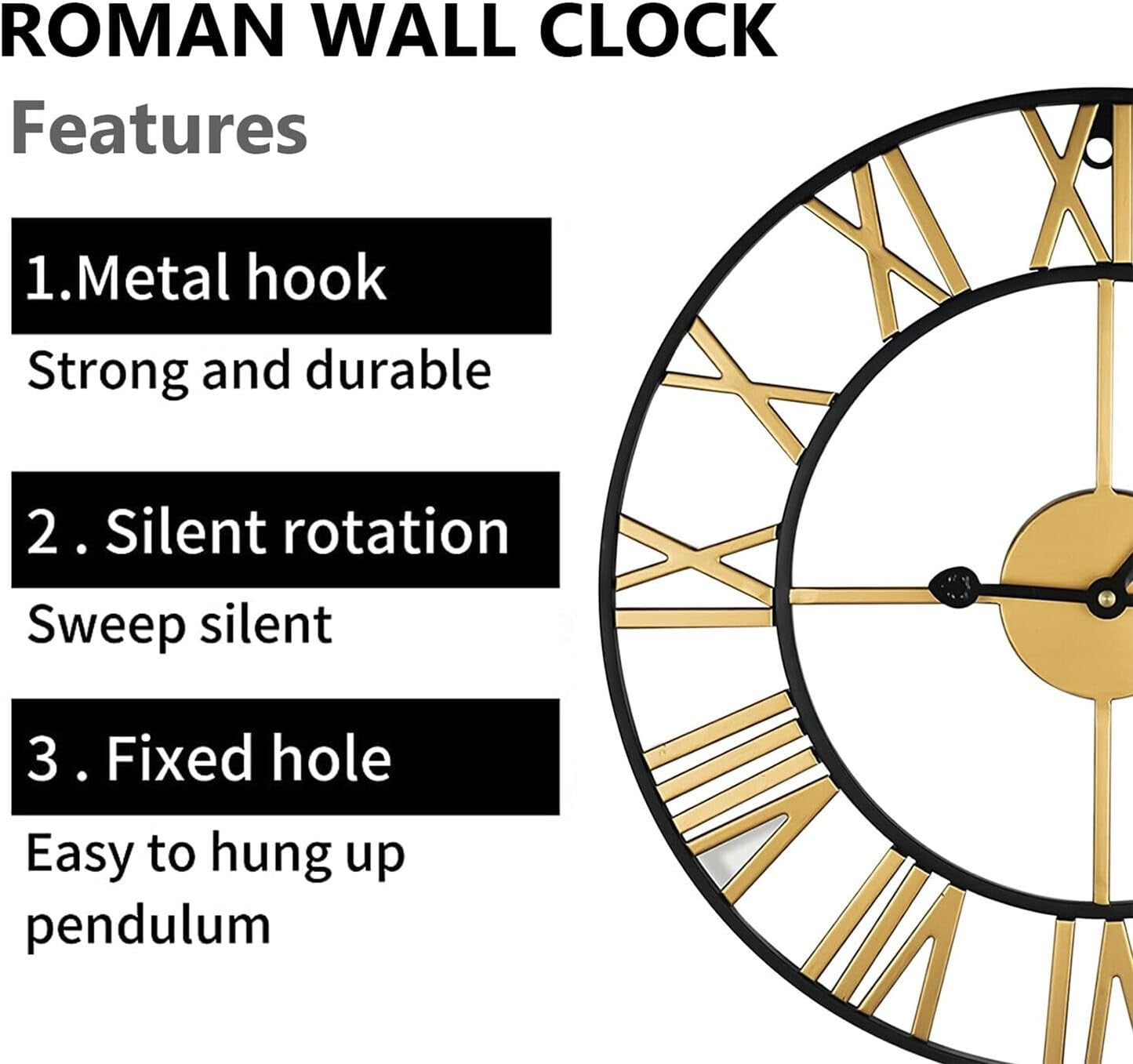 Large 60cm Skeleton Wall Clock Metal Roman Numerals Vintage Gold Black Home Deco
