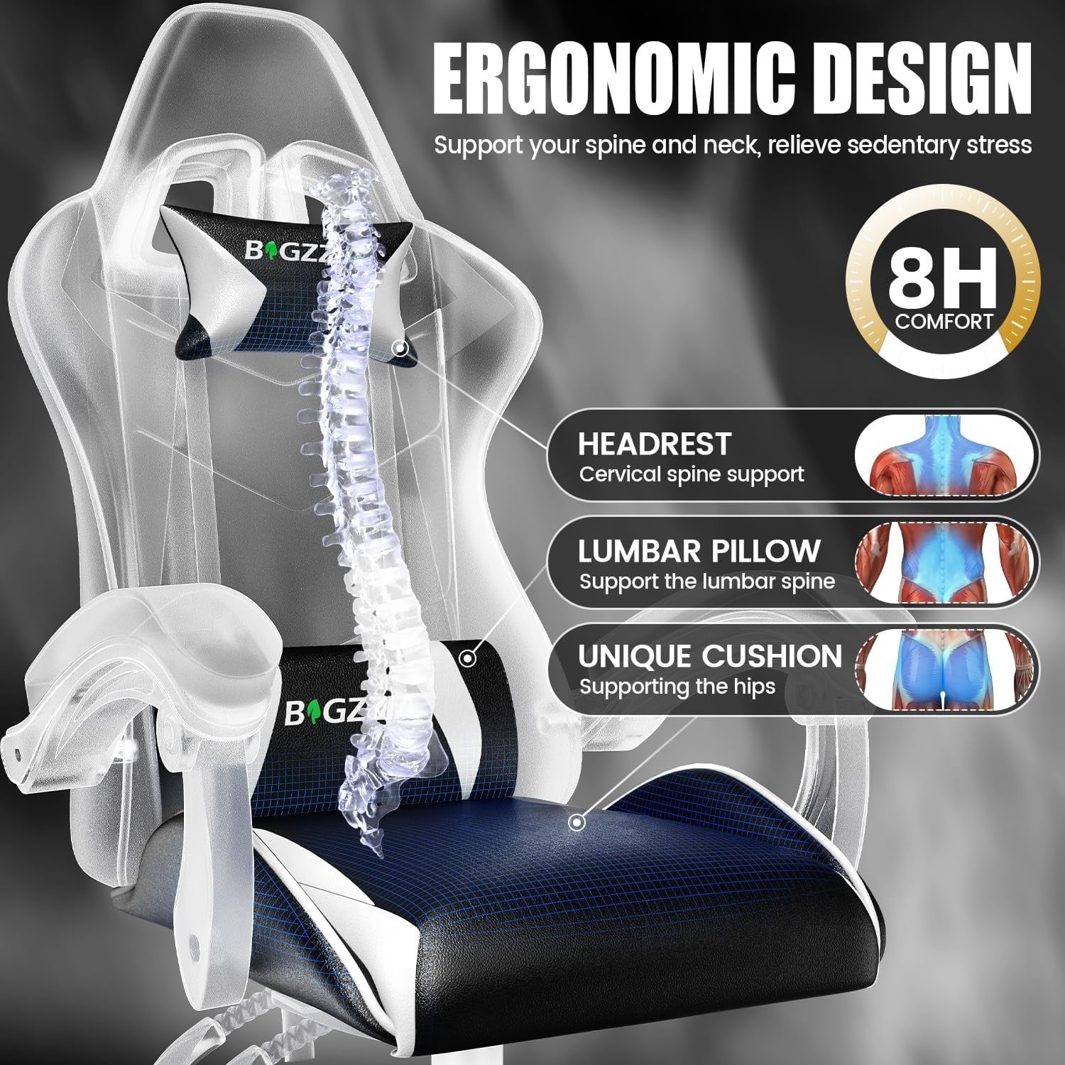 Ergonomic Gaming Chair Black White Reclining Adjustable