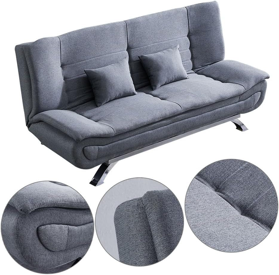 Grey Linen 3 Seater Sofa Bed Double Futon with Pillows, 188cm Convertible