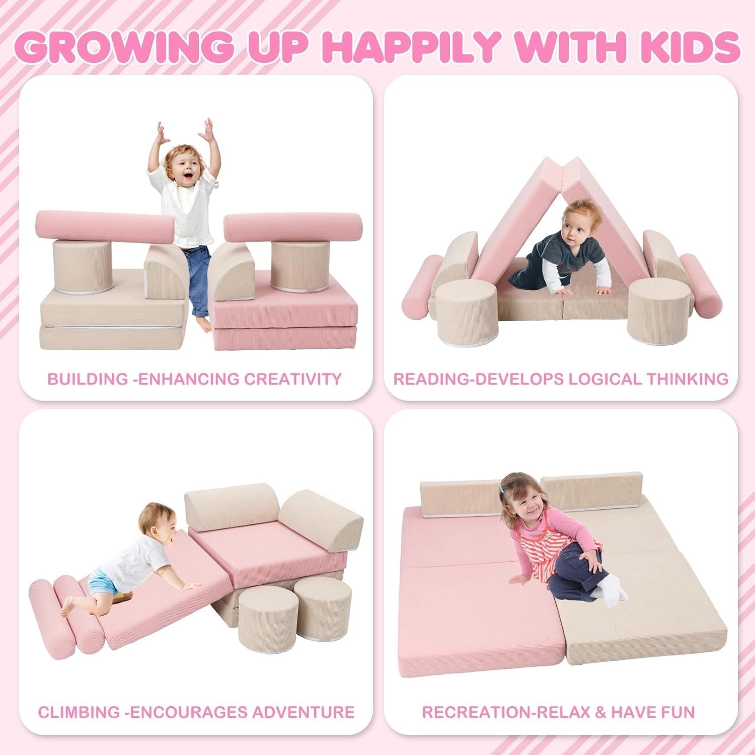 10PCS Kids Modular Sofa Bed Convertible Play Couch Armchair Foam Set Pink Beige