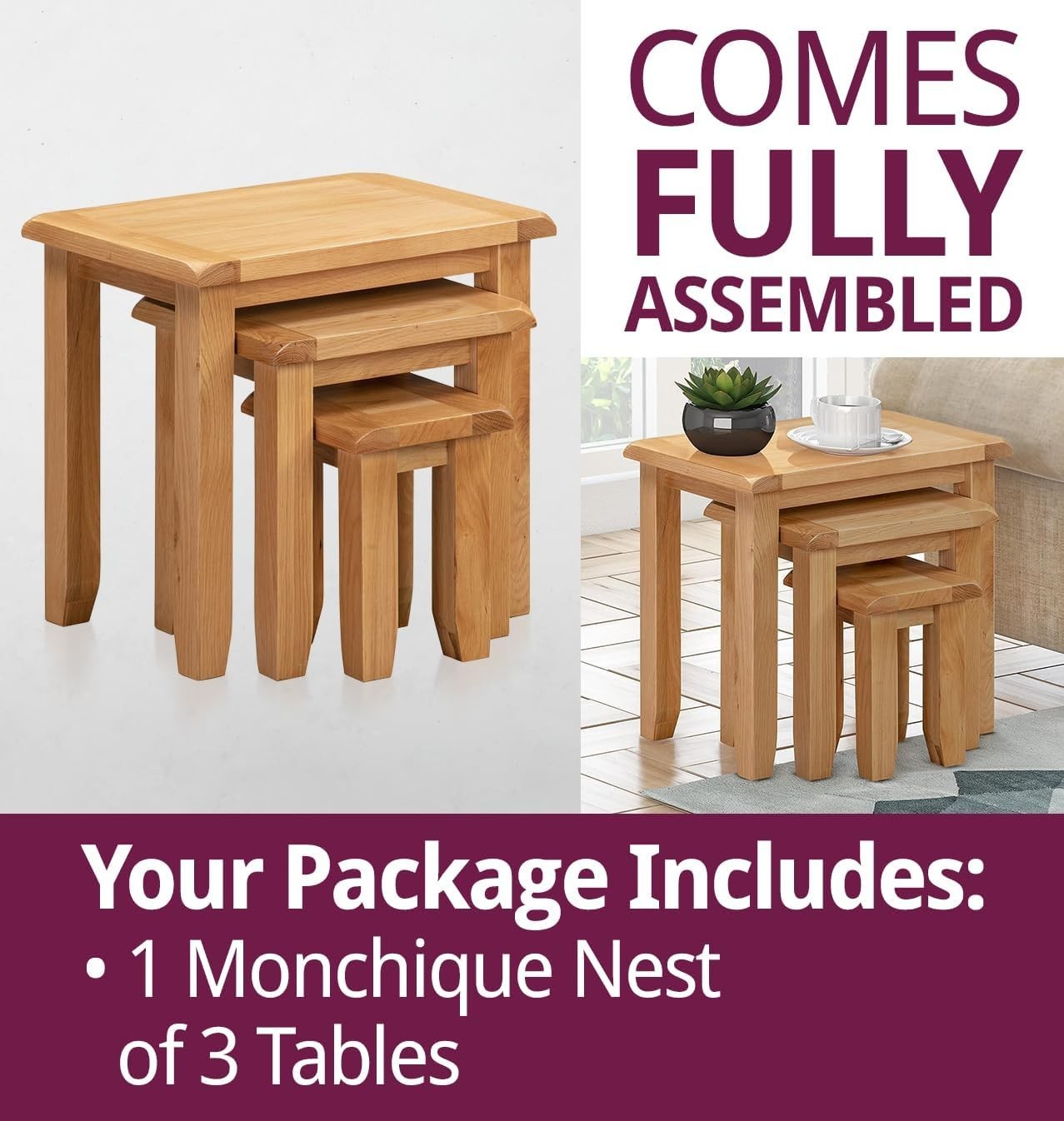 Nest of 3 Coffee Tables Solid Oak Wood Light Rustic Side End Set Space Saving