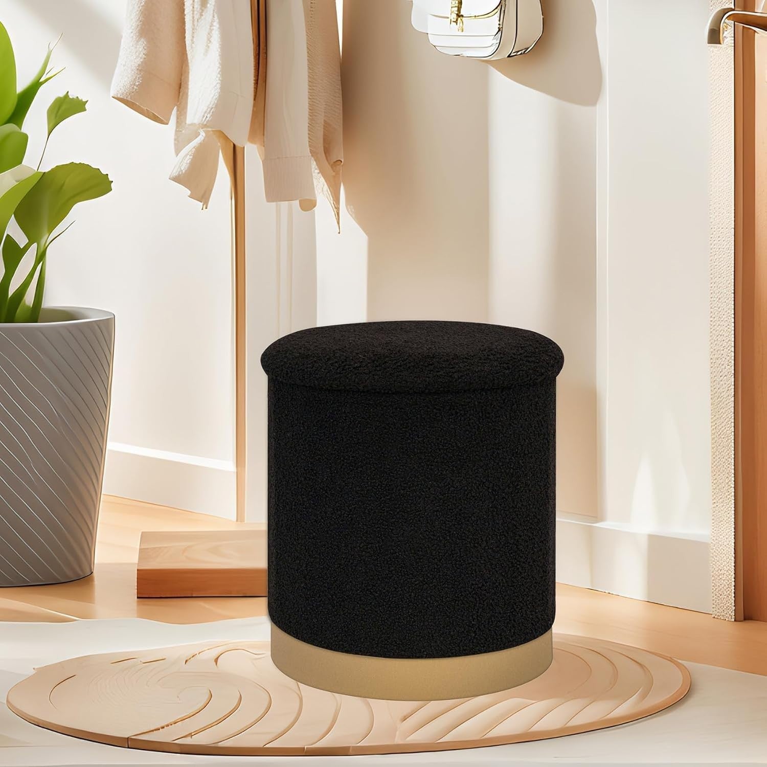 Black Boucle Round Storage Ottoman Folding Footrest with Flip-Top Tray