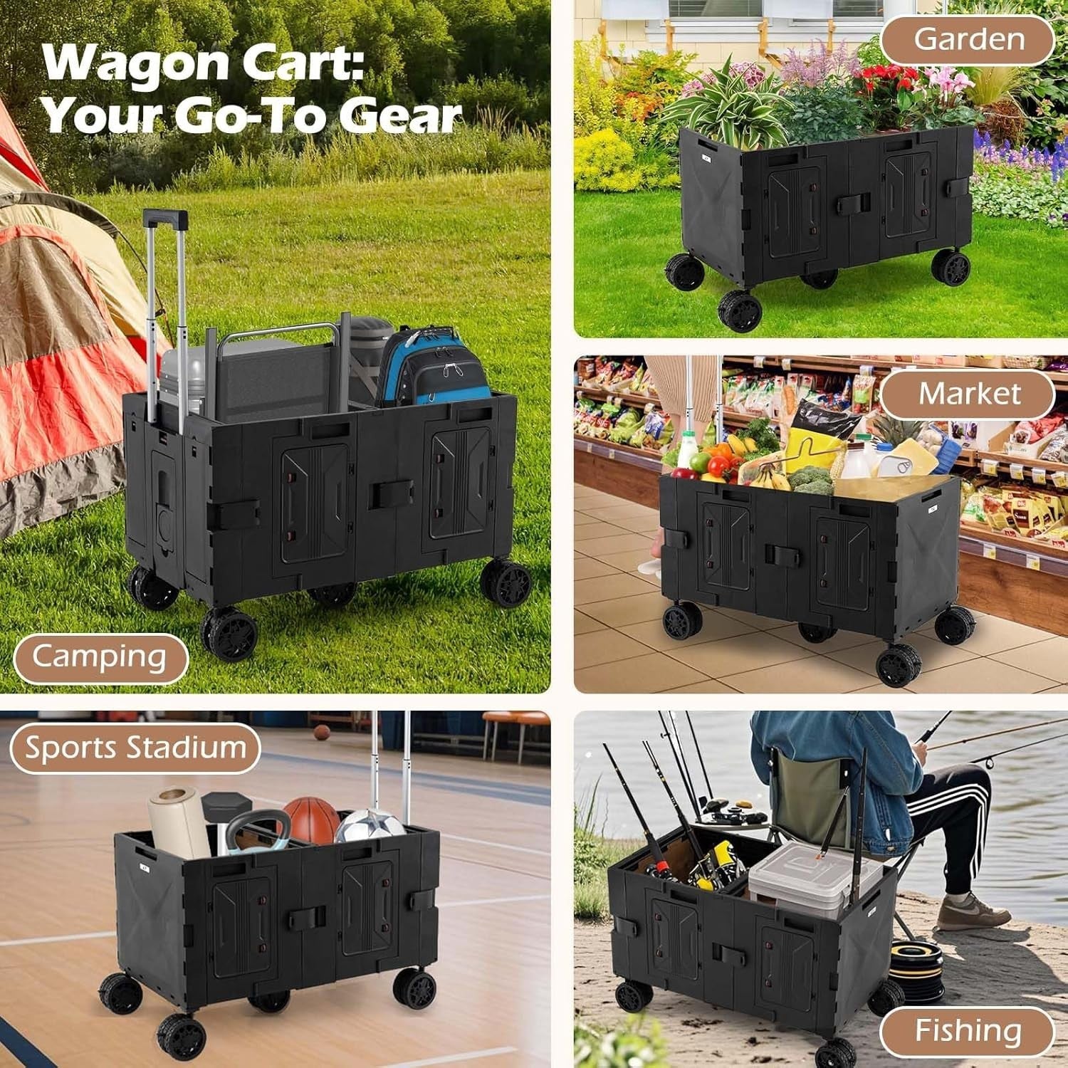 150L Folding Utility Trolley Cart Heavy Duty Wagon 5 Wheels Tabletop Black
