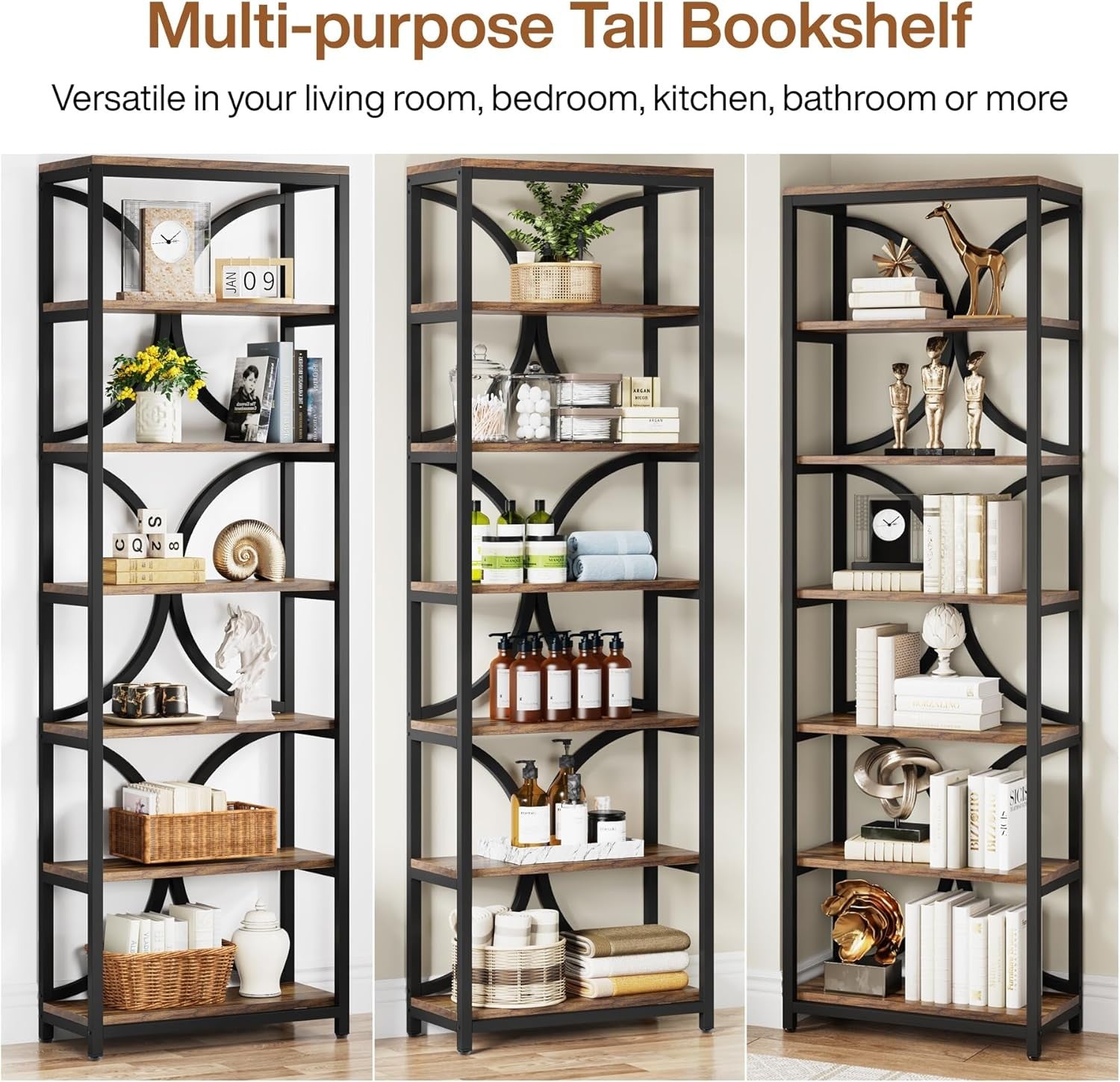 Tall Industrial 6-Tier Bookcase with Metal Frame, Narrow Storage Shelf 200cm