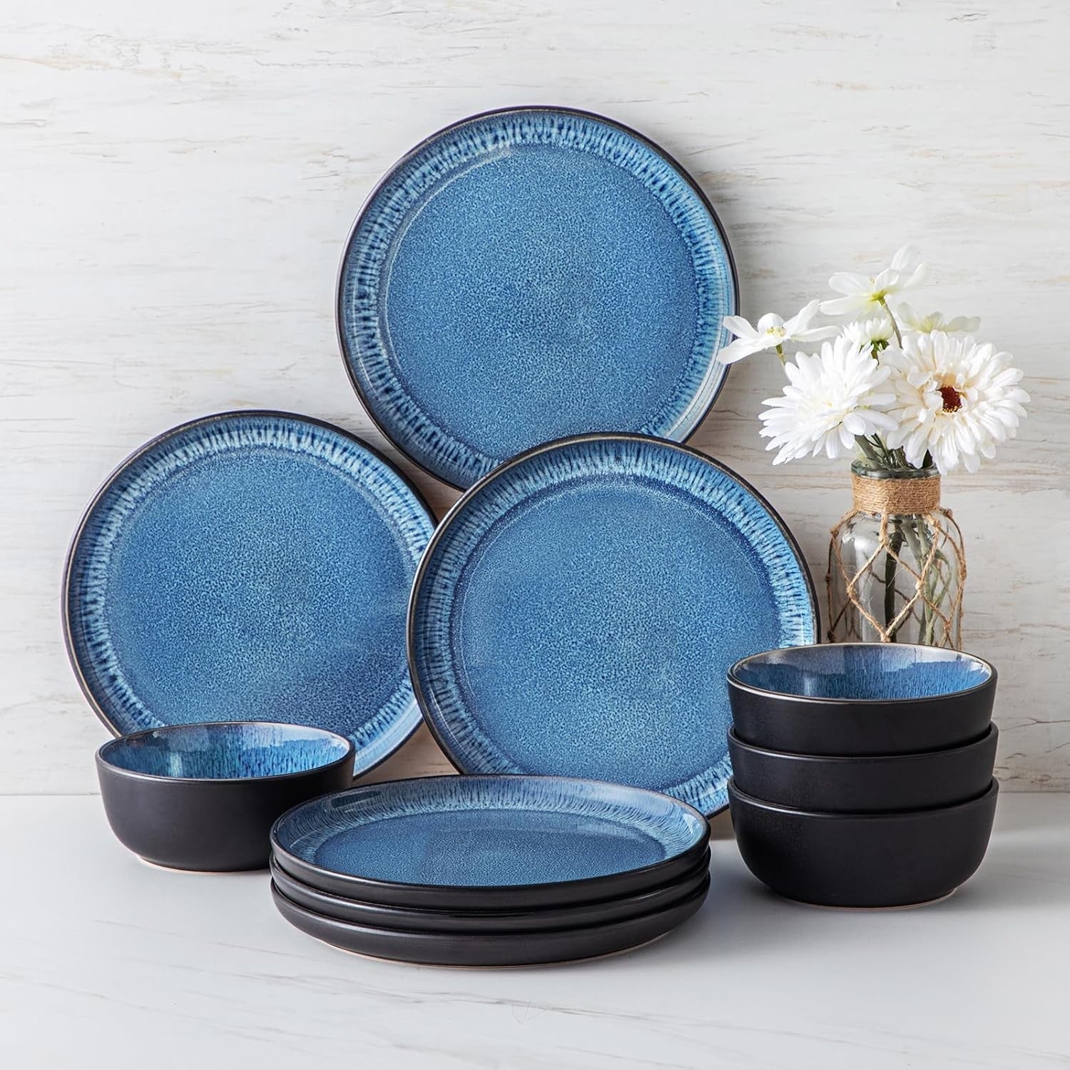 10.25in Blue Ceramic Dinner Plates Set of 6 Scratch Resistant Modern