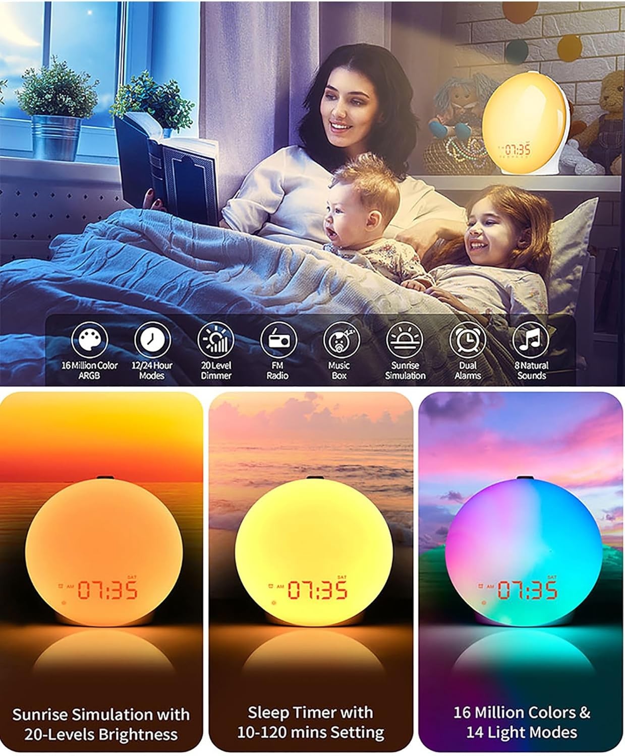 Wake Up Light, Sunrise Alarm Clock with 14 Colorful Light, Sleep Timer, Colored