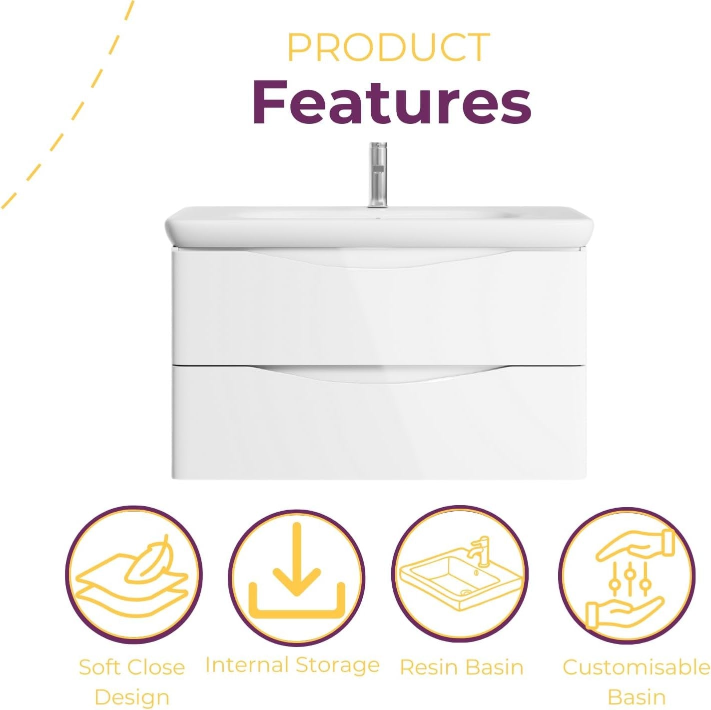 900mm White Wall Hung Vanity Unit with Basin Modern Gloss Bathroom Storage