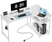 L Shaped White Corner Desk 130x80cm with USB Power & Shelves for Home Office