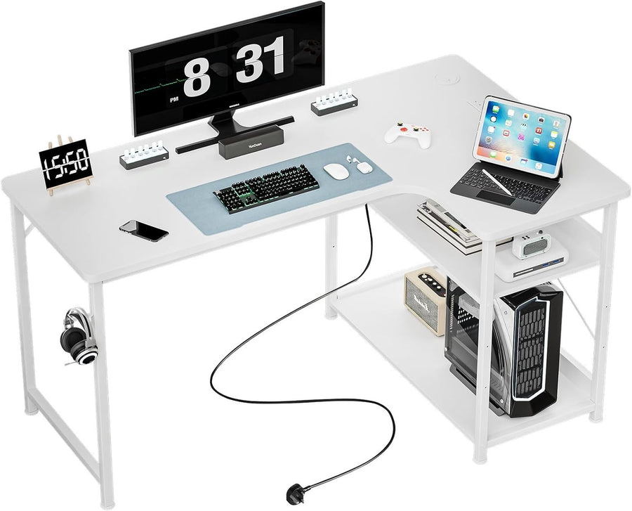 L Shaped White Corner Desk 130x80cm with USB Power & Shelves for Home Office