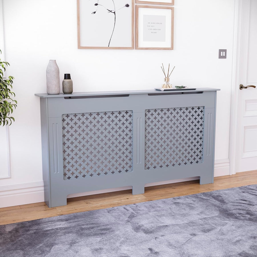 Grey Radiator Cover Large Modern Cross Design MDF Painted Heat Efficient